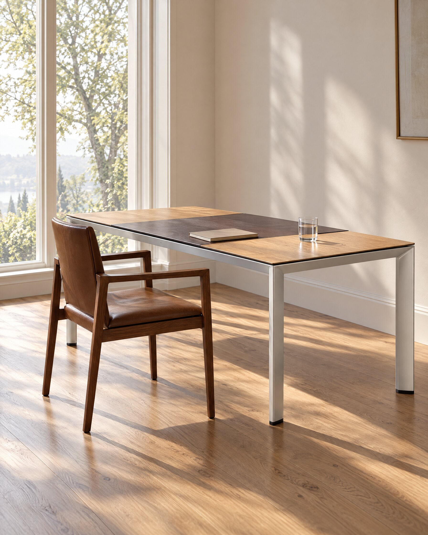 Study with a Bene aluminium and oak executive desk beside a tall window in morning light