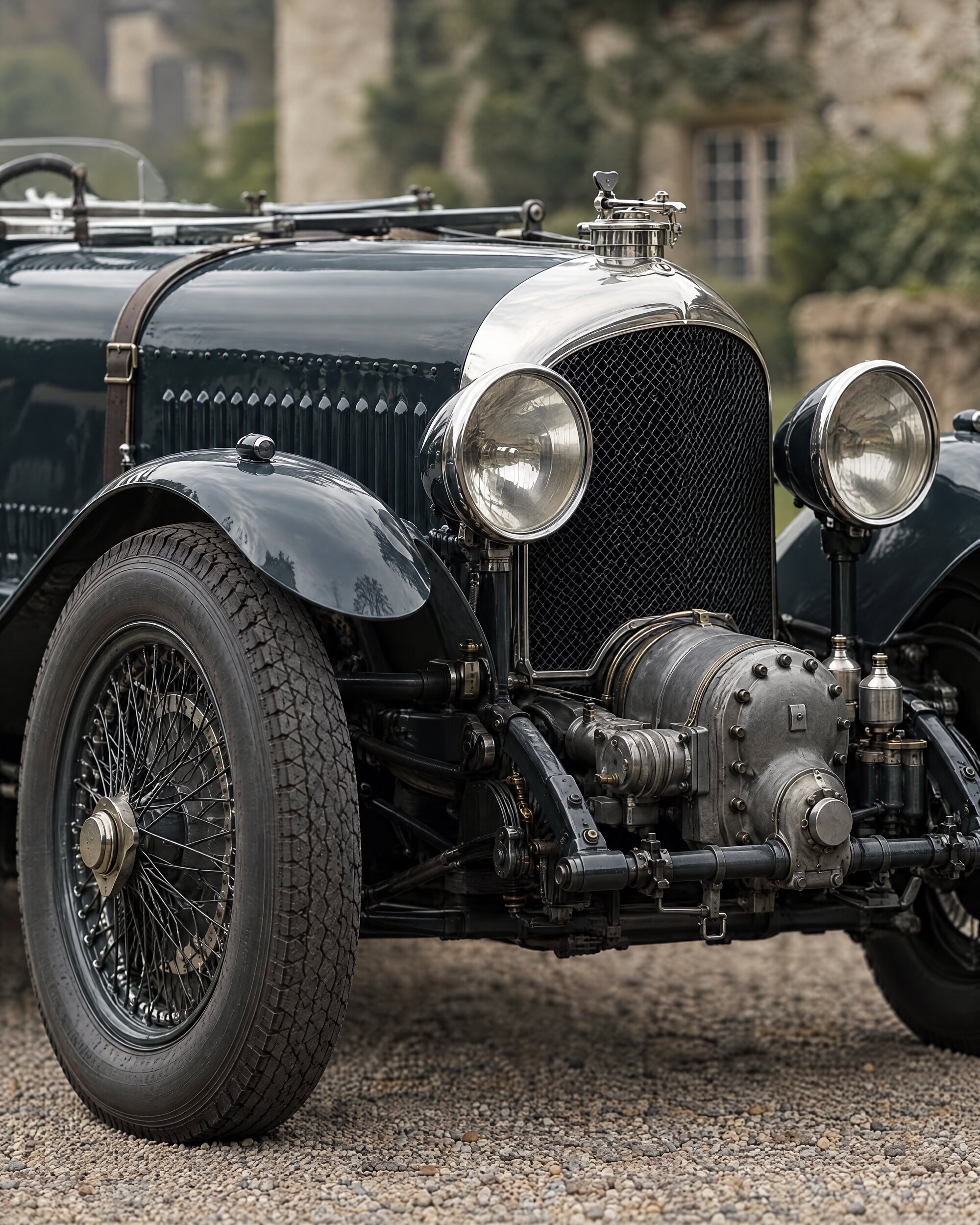 Supercharger and radiator of a battleship-grey Bentley 4.5 Litre Supercharged