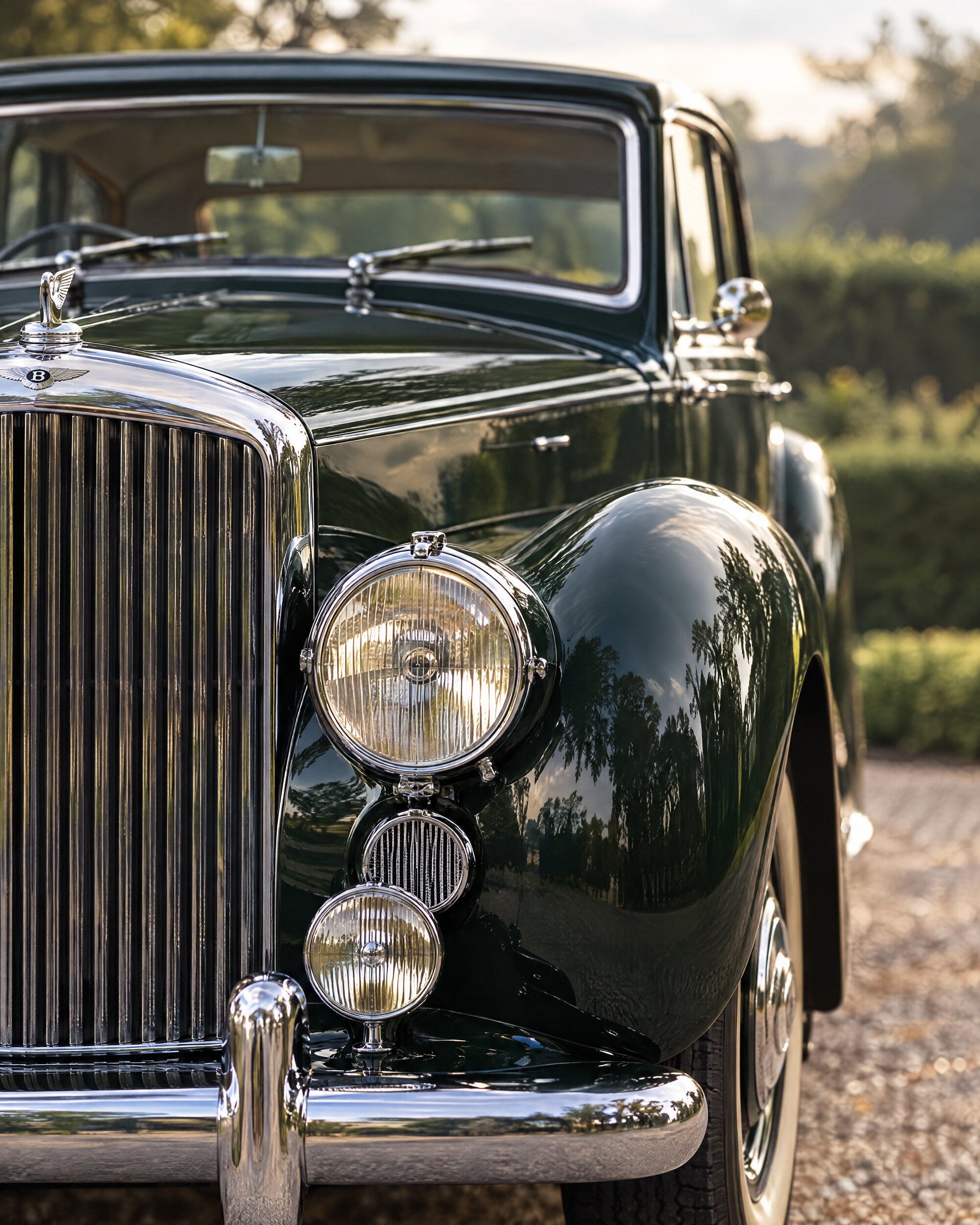 Chrome radiator and headlamp of a dark green post-war Bentley Mark VI