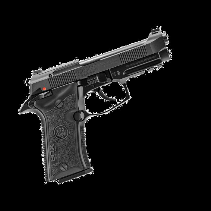 Compact black Beretta Cheetah pistol shown in profile on a leather desk blotter