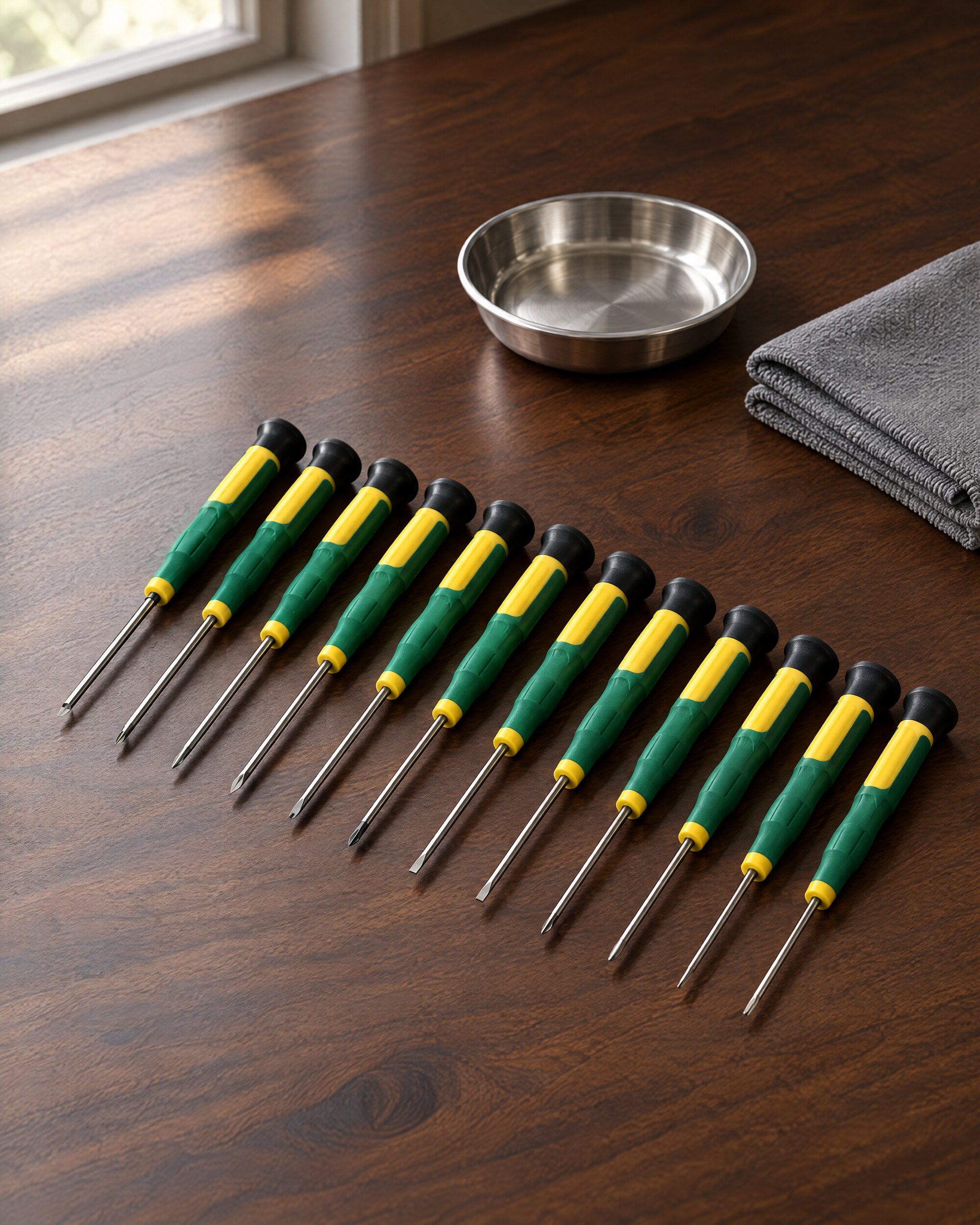 Twelve-piece BEST 666 tool set with yellow and green handles laid out on a walnut desk