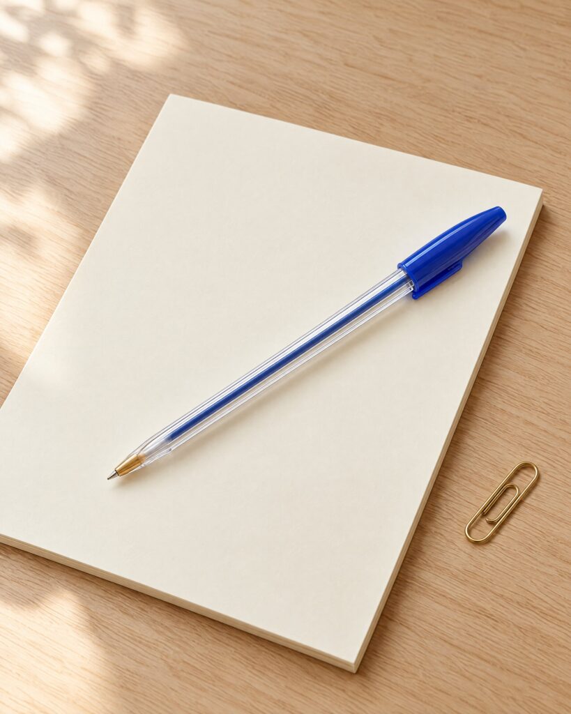 Clear hexagonal Bic Cristal style blue ballpoint pen on a blank notepad