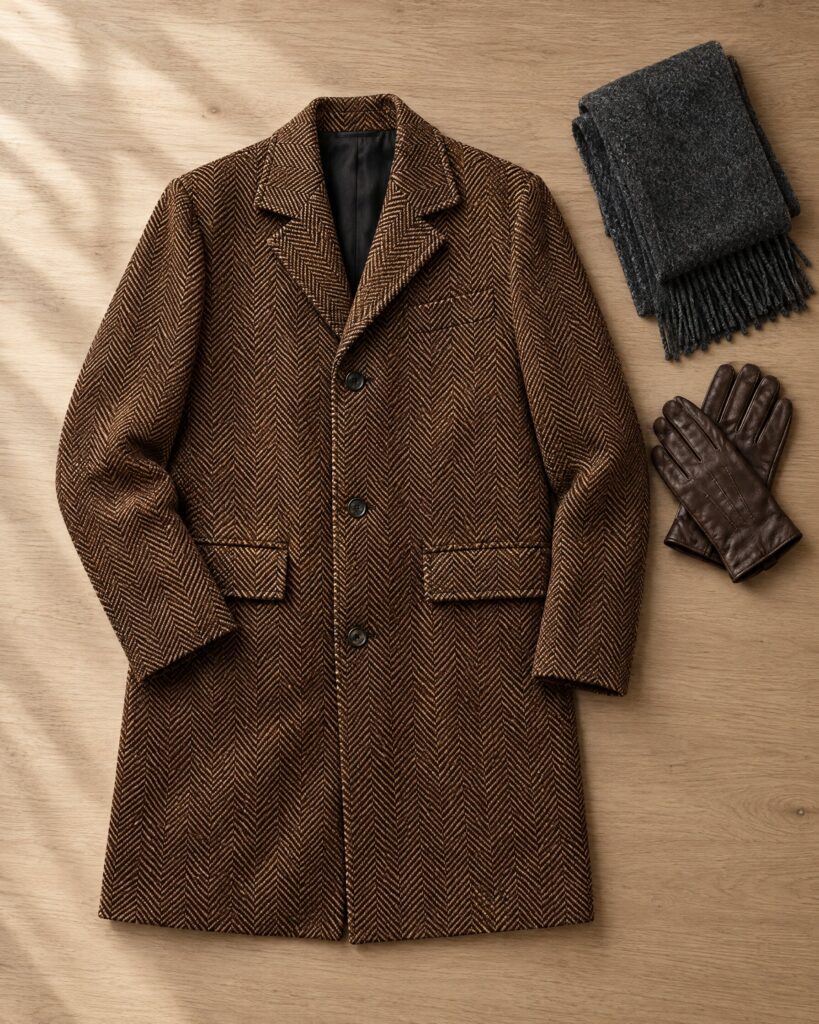 Single-breasted overcoat with notch collar and horn buttons laid flat beside a scarf and gloves