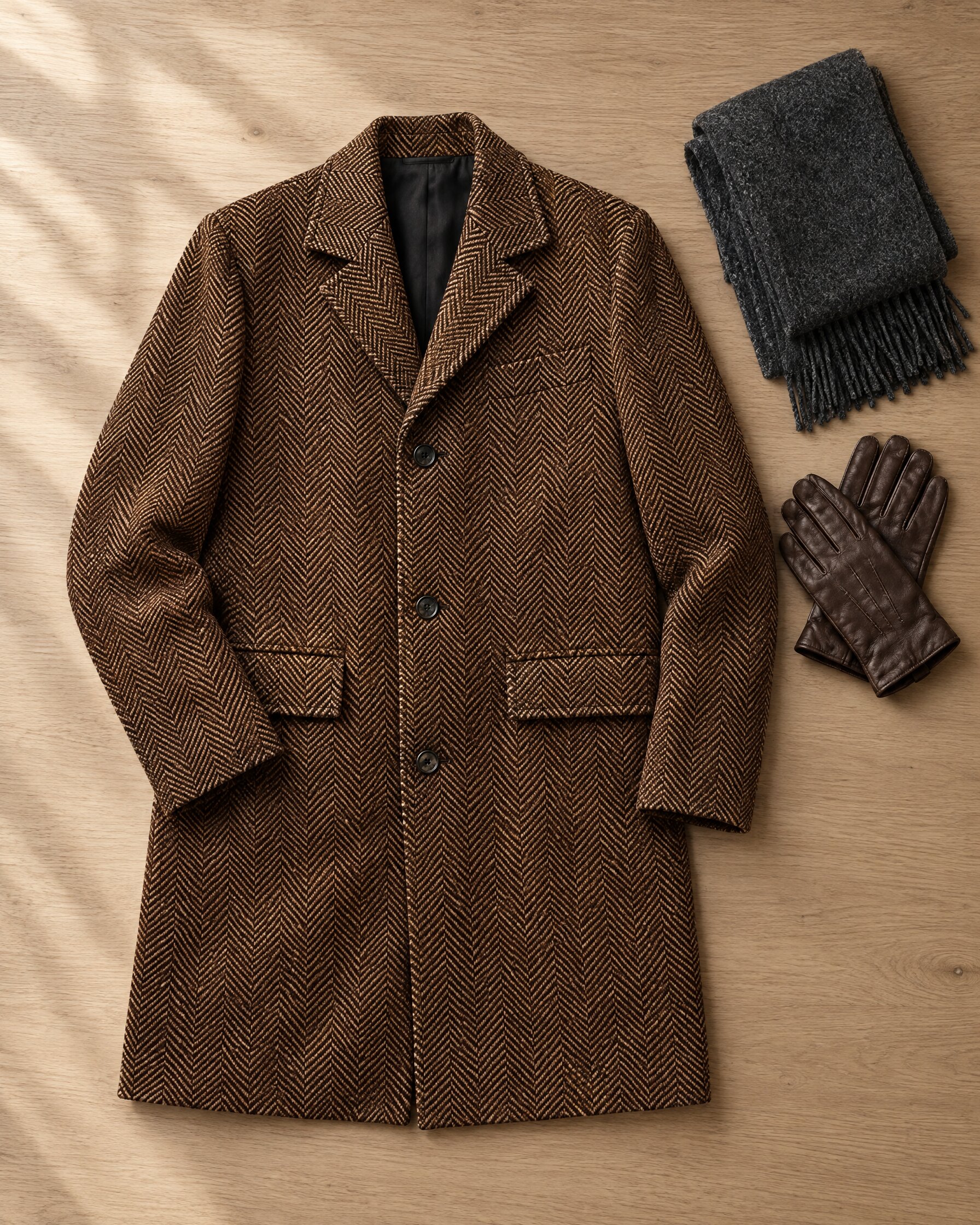Single-breasted overcoat with notch collar and horn buttons laid flat beside a scarf and gloves