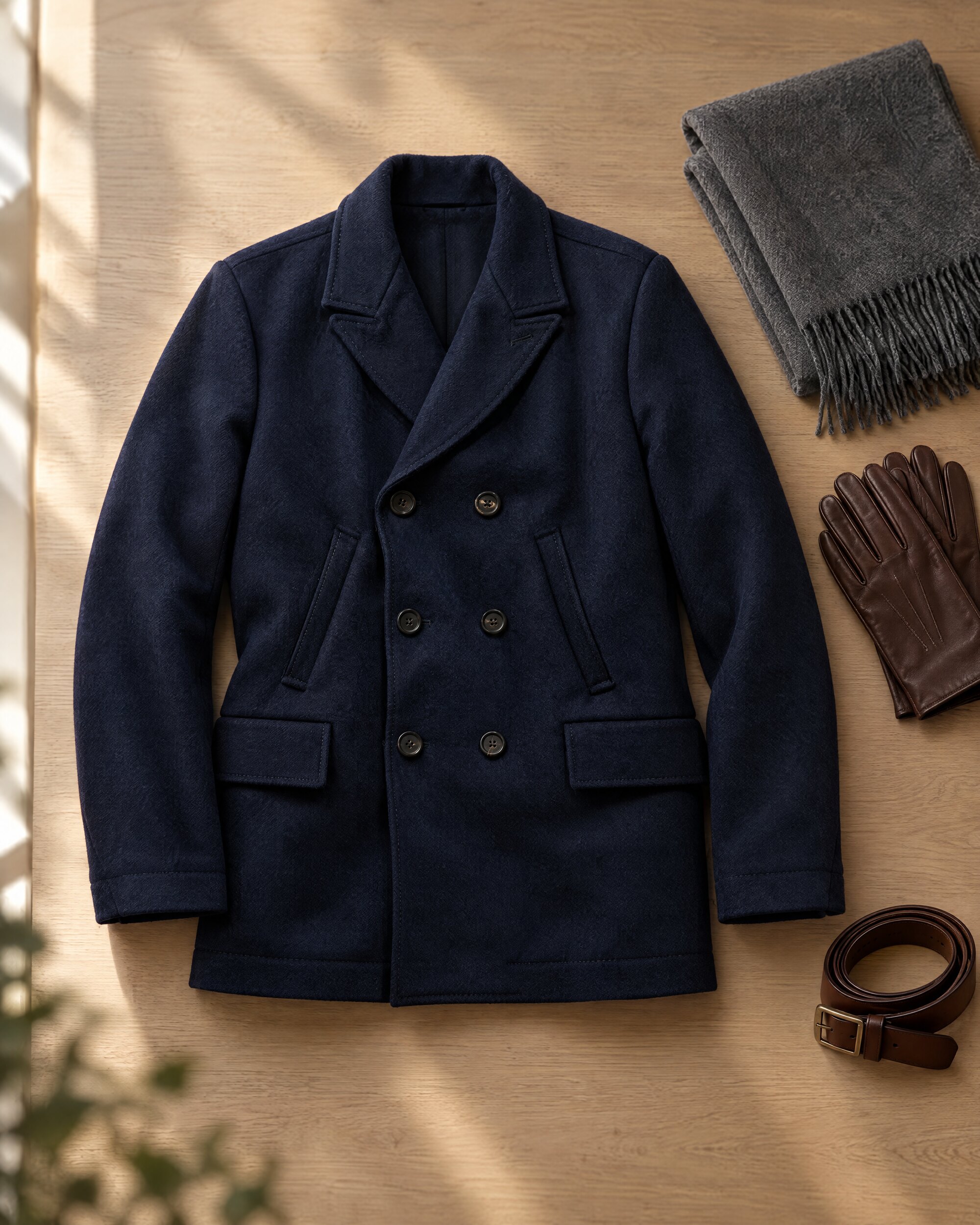 Navy Billy Reid Bond Peacoat laid flat with a grey wool scarf and brown leather gloves on an oak table