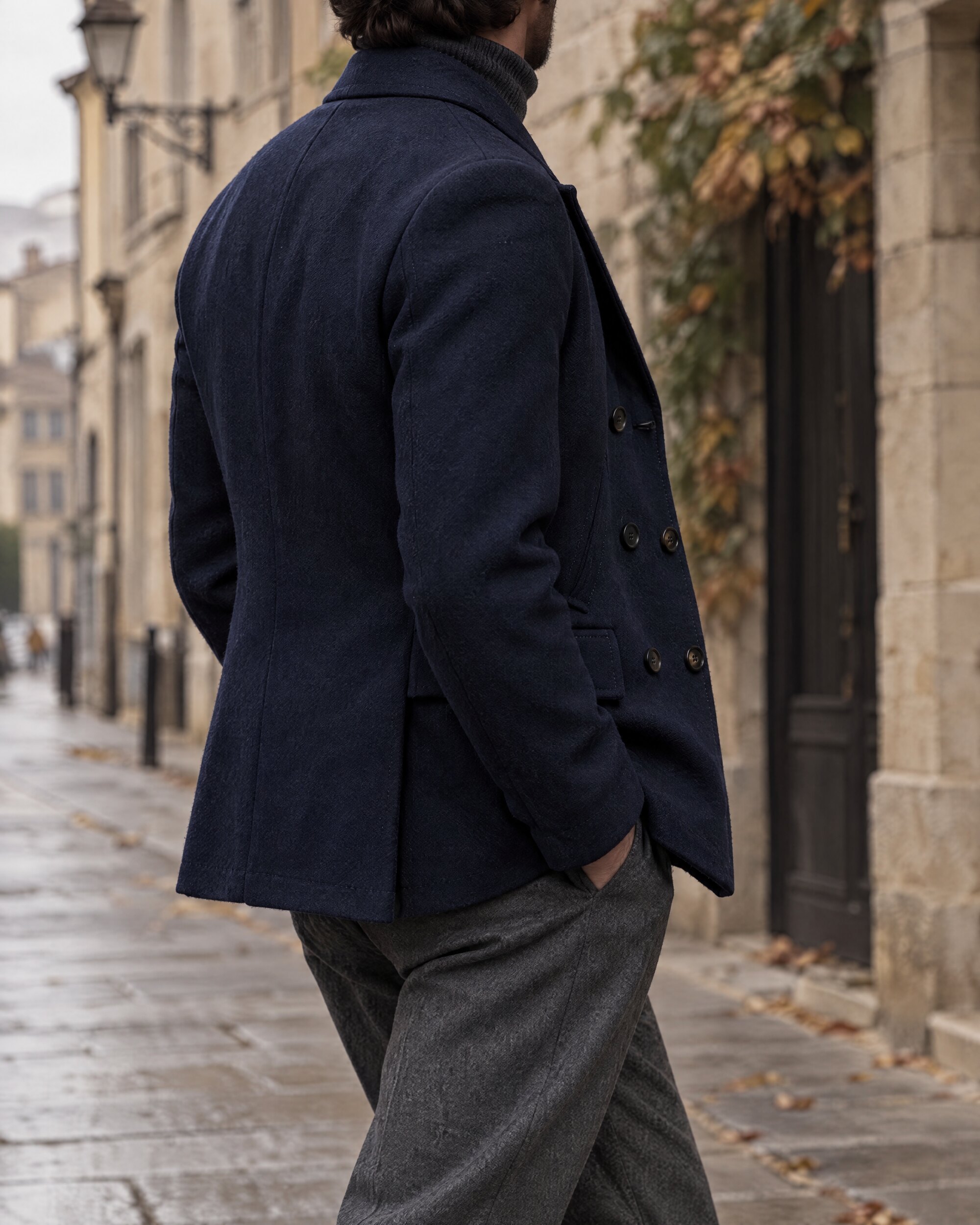 Man in a navy peacoat over a grey roll neck walking along a quiet stone street, seen from behind
