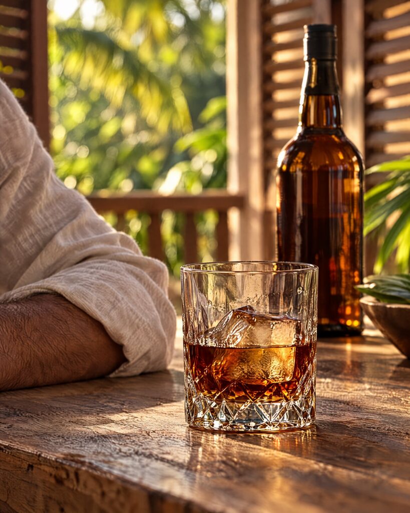 Dark rum over a large ice cube on a teak veranda table in warm afternoon light