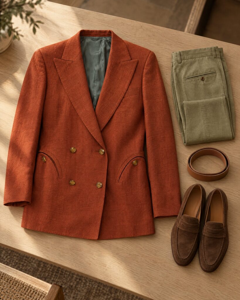 Orange double-breasted linen blazer with Smiley pockets laid flat beside khaki trousers and a tan belt on an oak table