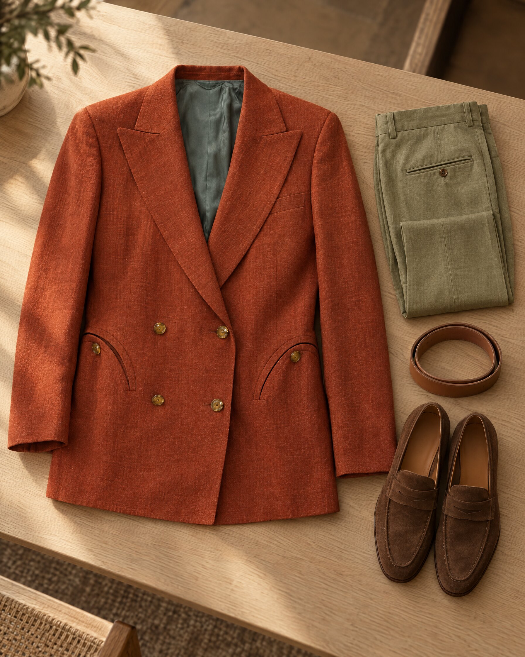Orange double-breasted linen blazer with Smiley pockets laid flat beside khaki trousers and a tan belt on an oak table