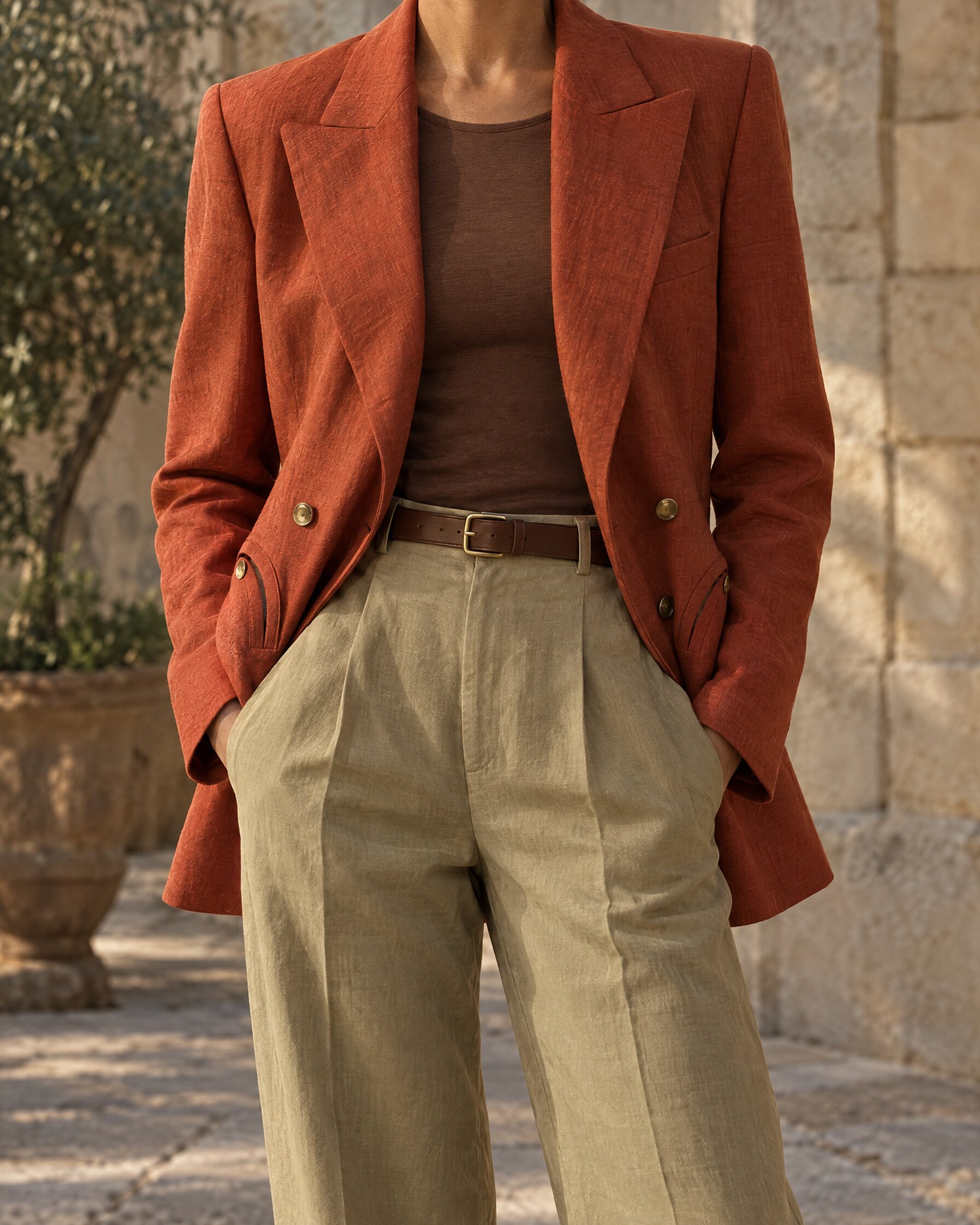 Blazé Milano Midday Sun blazer in orange linen worn open over a brown top and khaki trousers in a stone courtyard