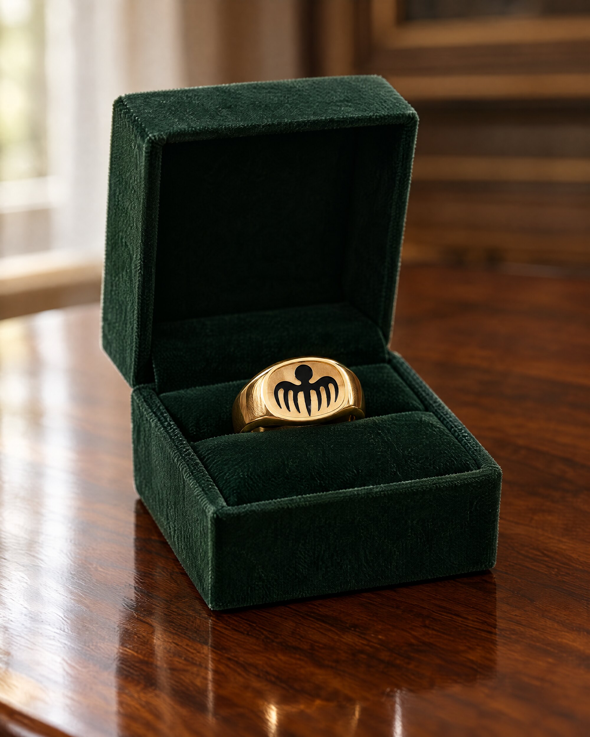 Blofeld's ring replica in 18k gold plate with black enamel SPECTRE emblem, resting in a velvet-lined box