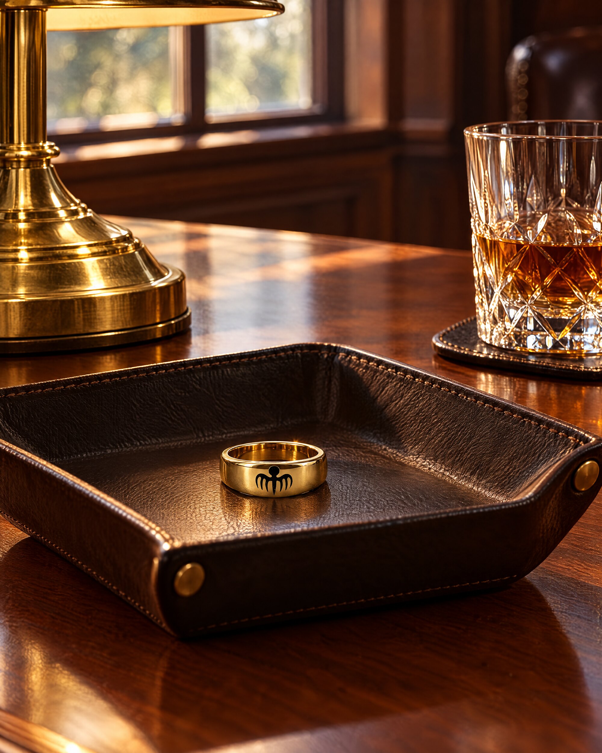 Gold SPECTRE ring replica on a leather valet tray on a library desk beside a whisky tumbler