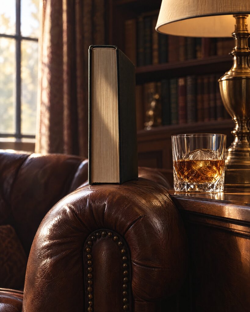 Large hardback behind-the-scenes film book resting on a leather armchair in a quiet study