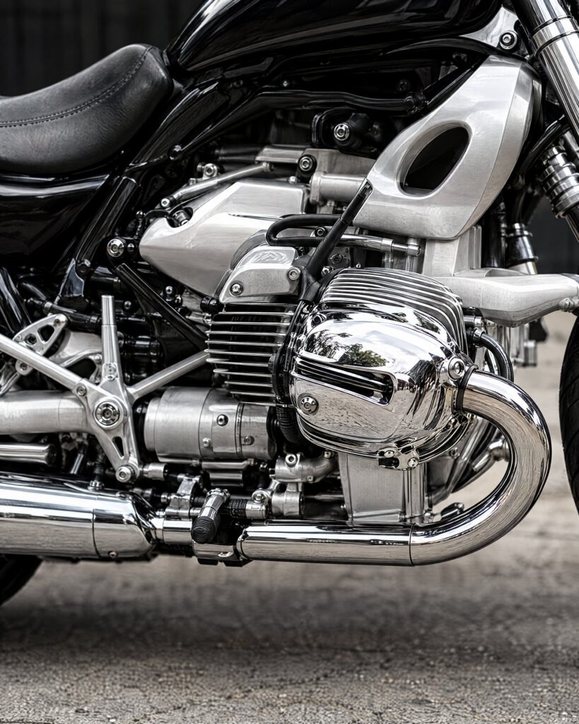 Chrome boxer twin engine of a BMW R 1200 C style cruiser motorcycle