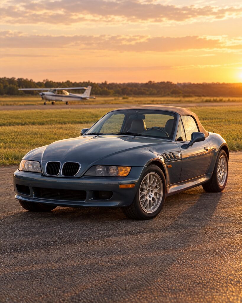 BMW Z3 1.9 roadster in metallic blue-grey beside a quiet airfield
