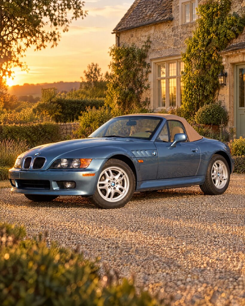 Metallic blue-grey 1990s roadster with tan top on a gravel drive