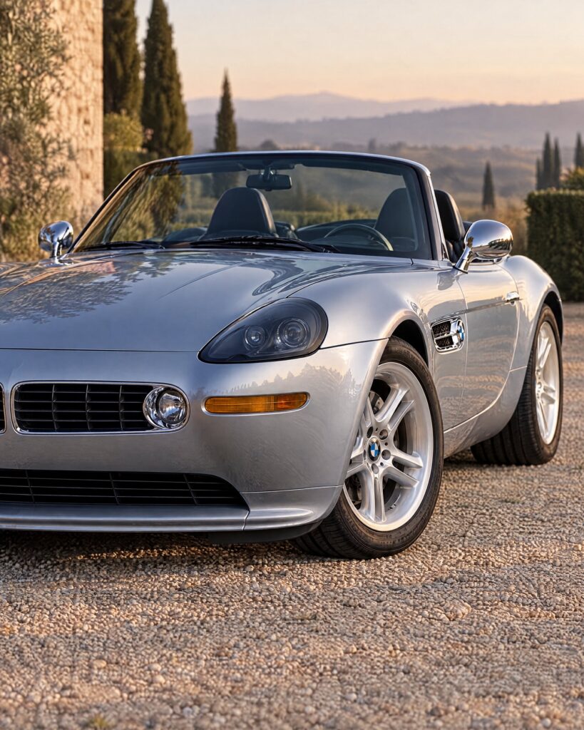 Front three-quarter of a silver-blue BMW Z8 roadster on a gravel drive