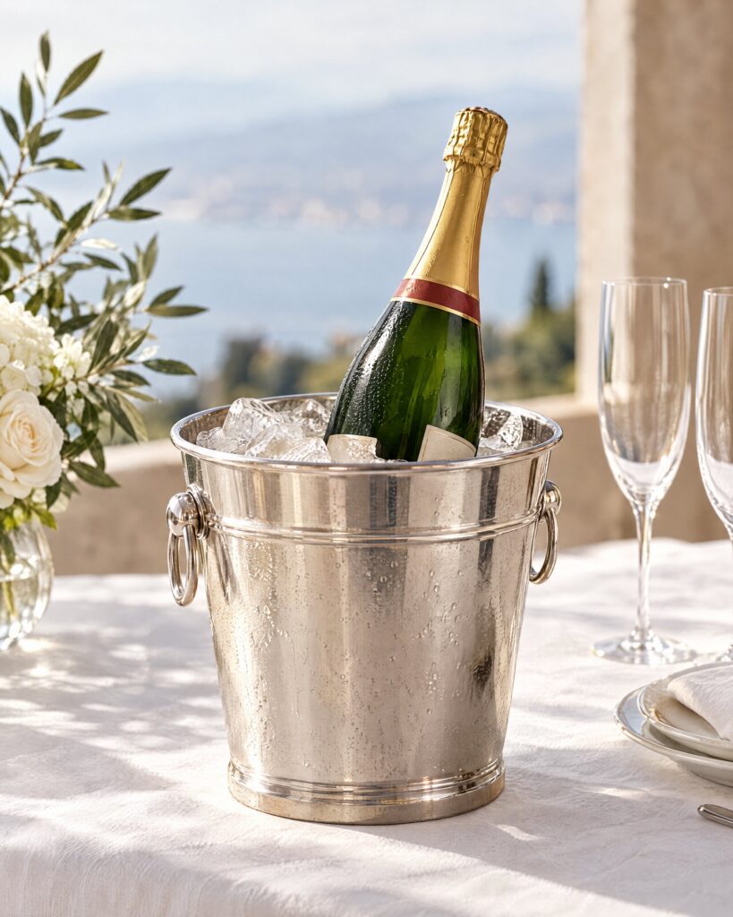 Champagne bottle in a silver ice bucket on white linen