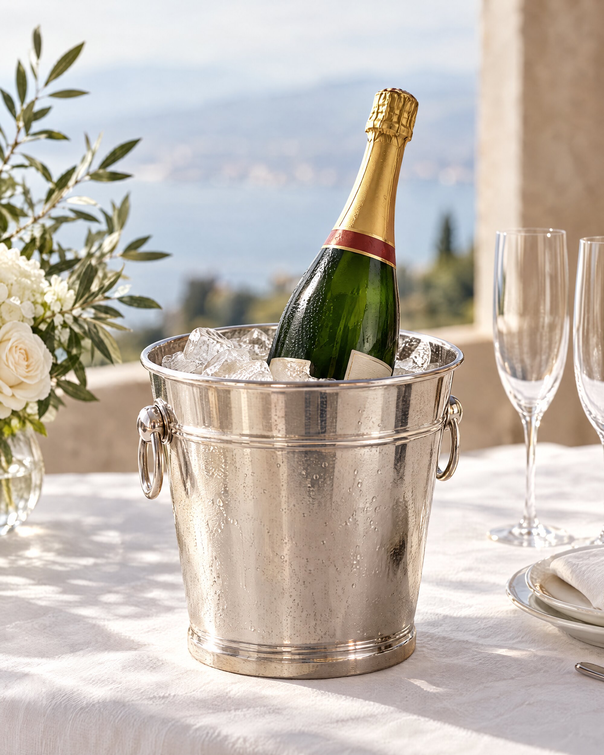 Champagne bottle in a silver ice bucket on white linen