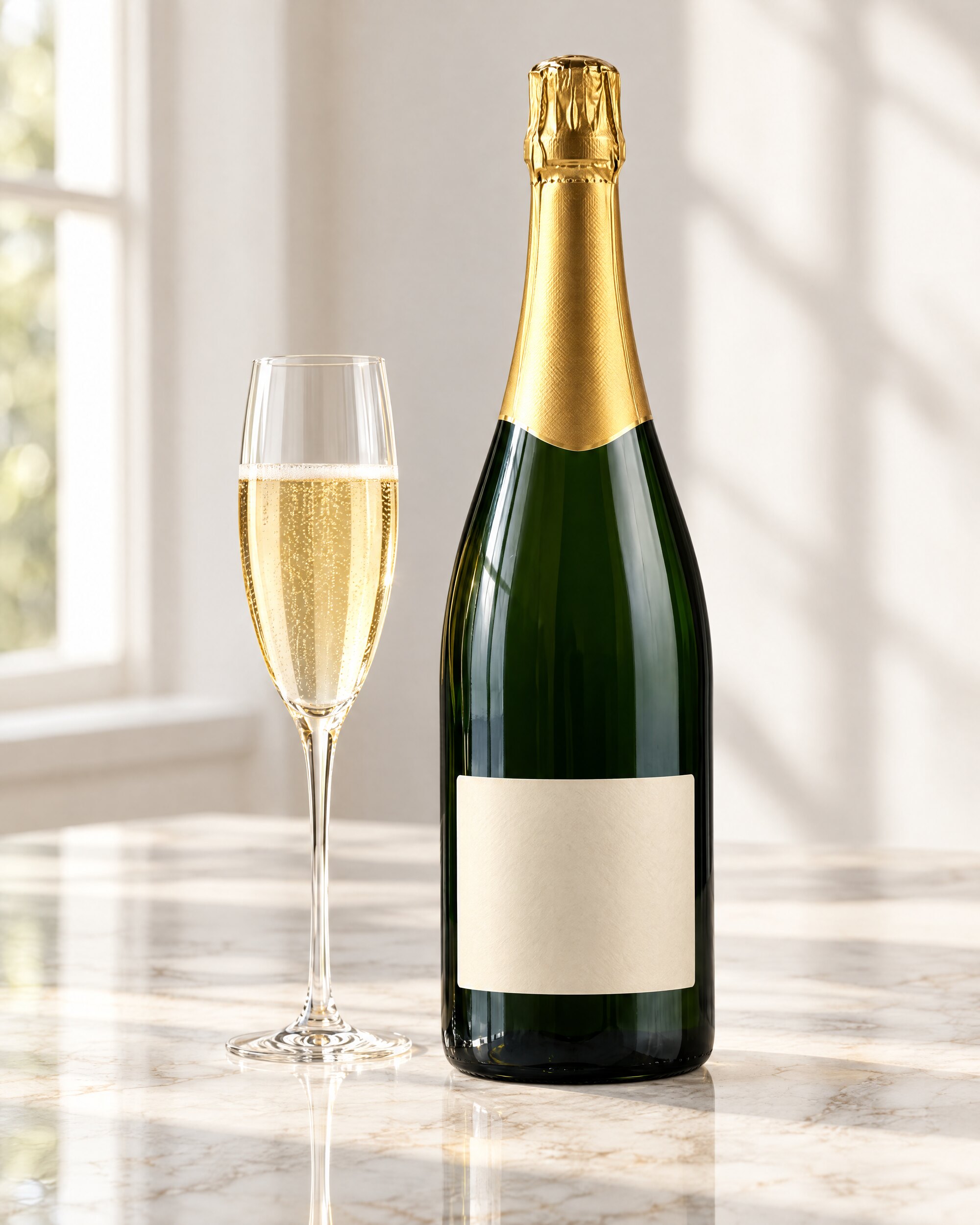 Dark-green vintage champagne bottle with a blank label and a tulip glass on marble