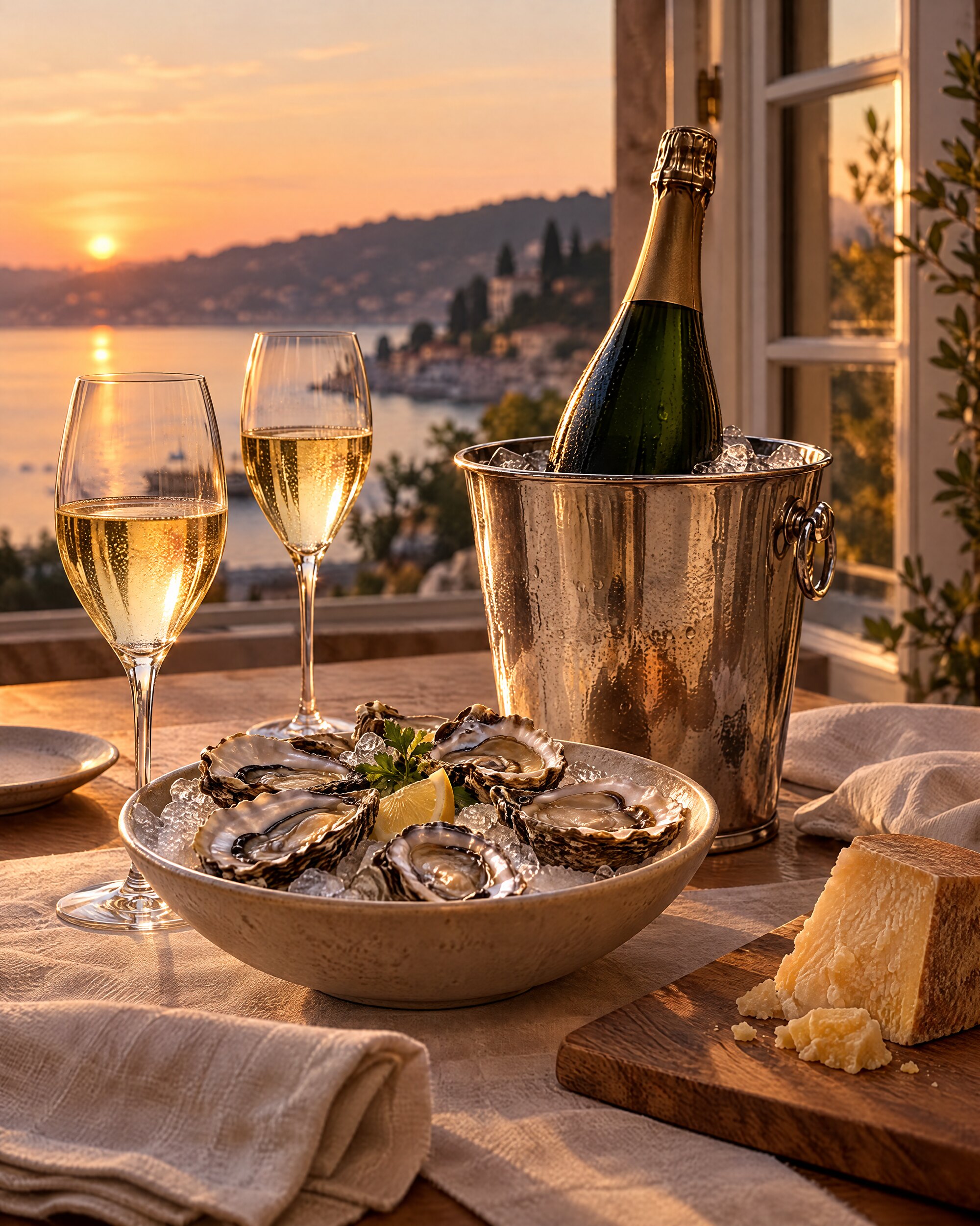 Champagne glasses, oysters and an ice bucket on a dinner table at dusk