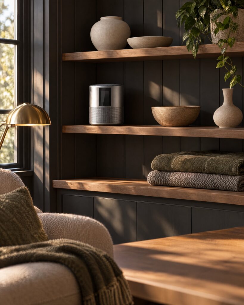 Silver smart speaker on a shelf in a panelled study, in the spirit of M's office