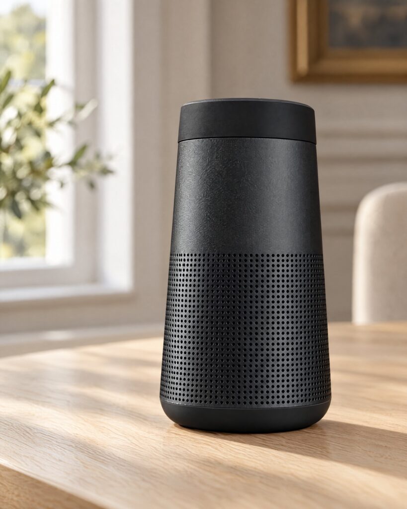 Bose SoundLink Revolve speaker in black on a pale oak surface in natural light