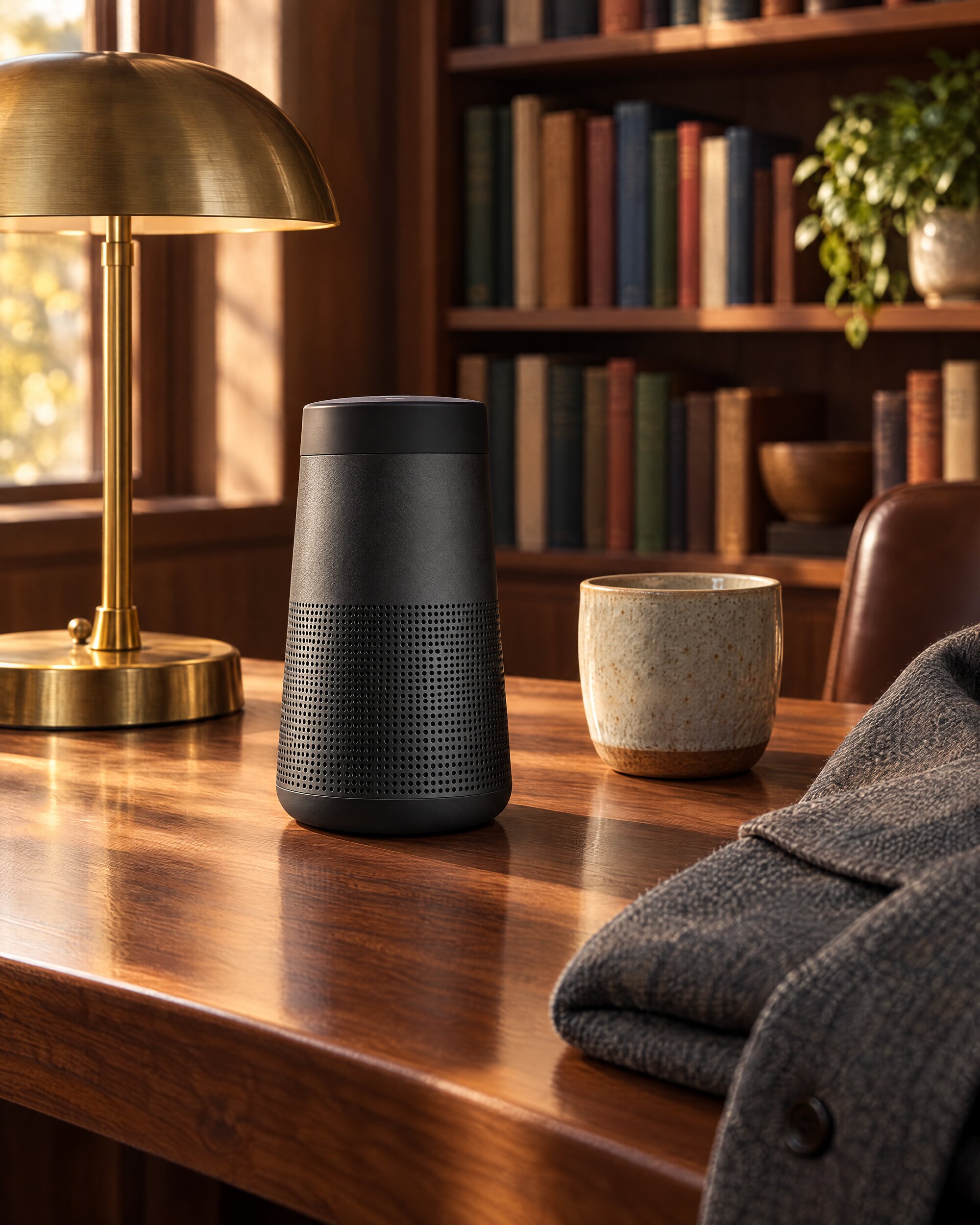Compact black Bluetooth speaker on a walnut desk in a quiet study, in the spirit of Q's desk