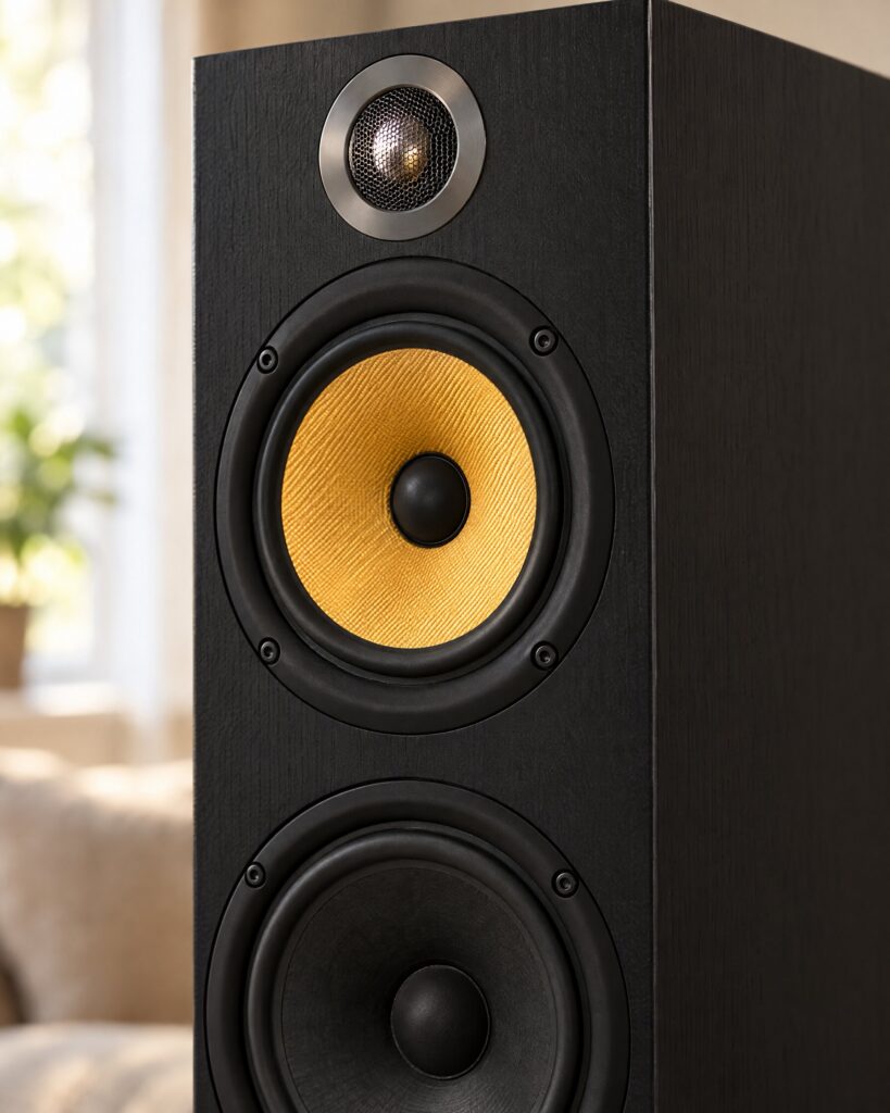 Close detail of a yellow midrange cone and tweeter on a black floorstanding speaker, in the spirit of the Bowers & Wilkins 603 S1 speakers