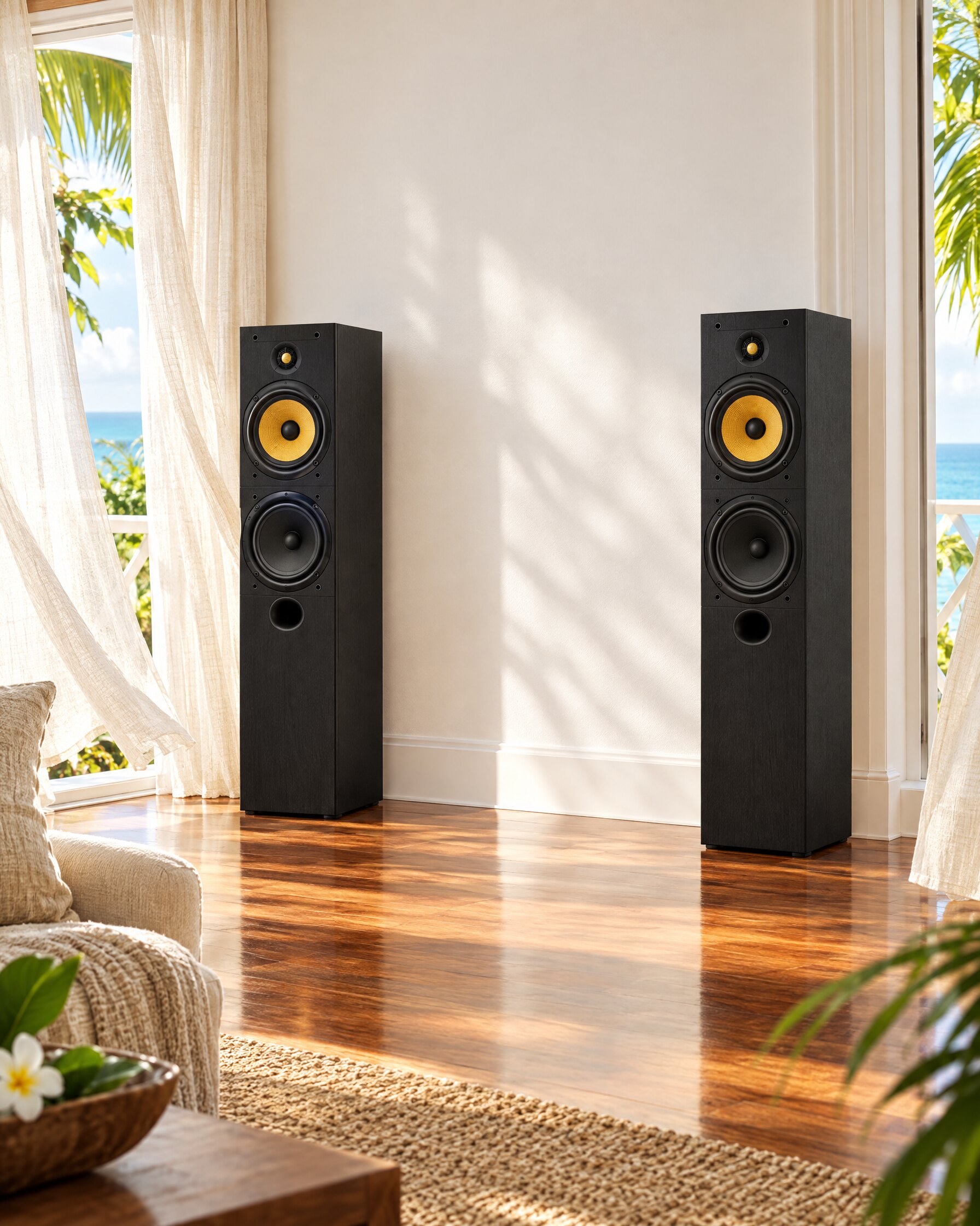 Pair of black floorstanding speakers in a sunlit room with a wooden floor and linen curtains