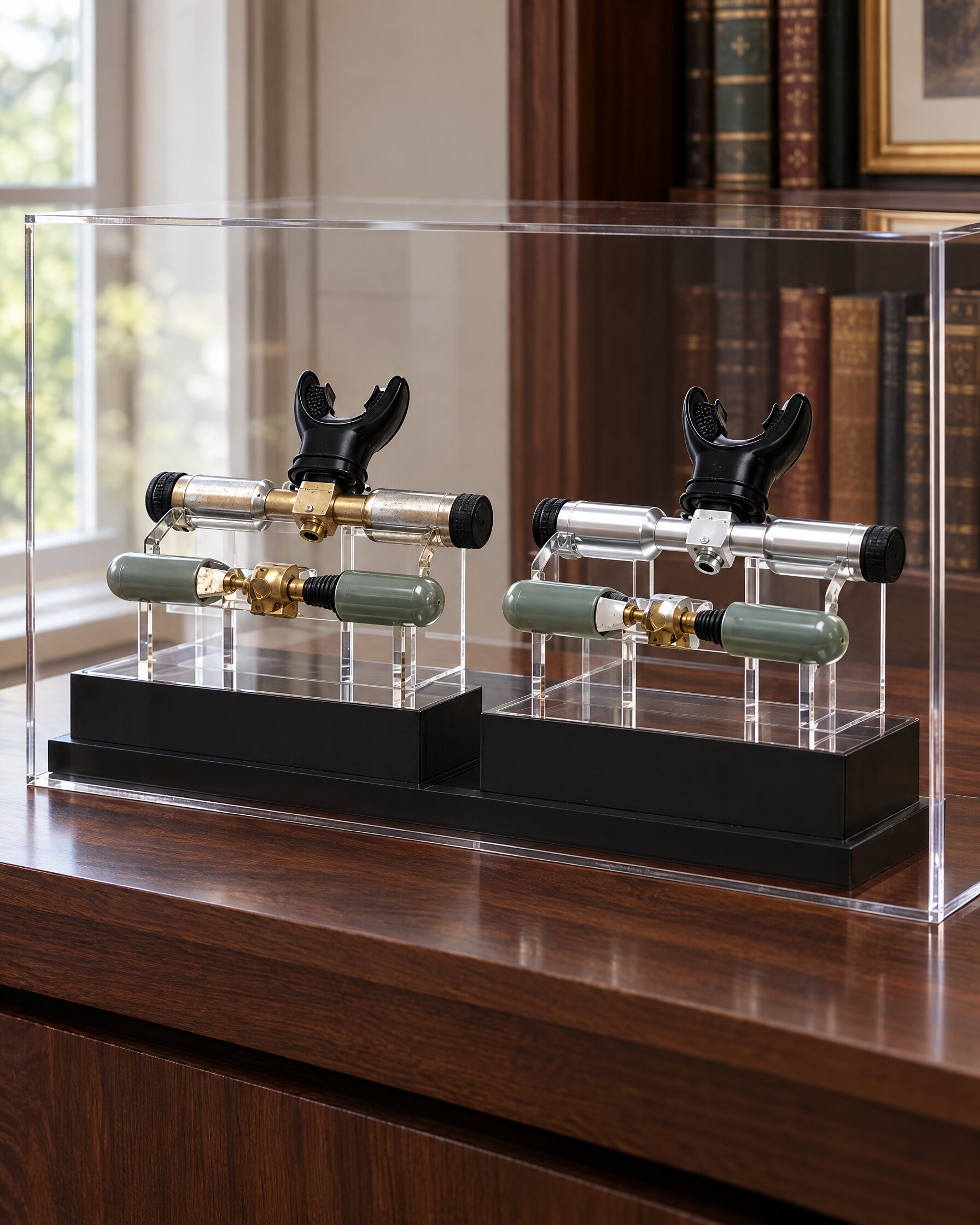 Breather Evolution Set replicas on a display stand under an acrylic cover