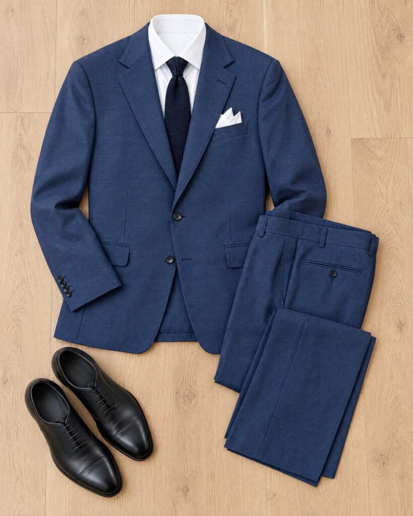 Blue bird's eye Brioni Augusto style suit laid flat with white shirt and black shoes