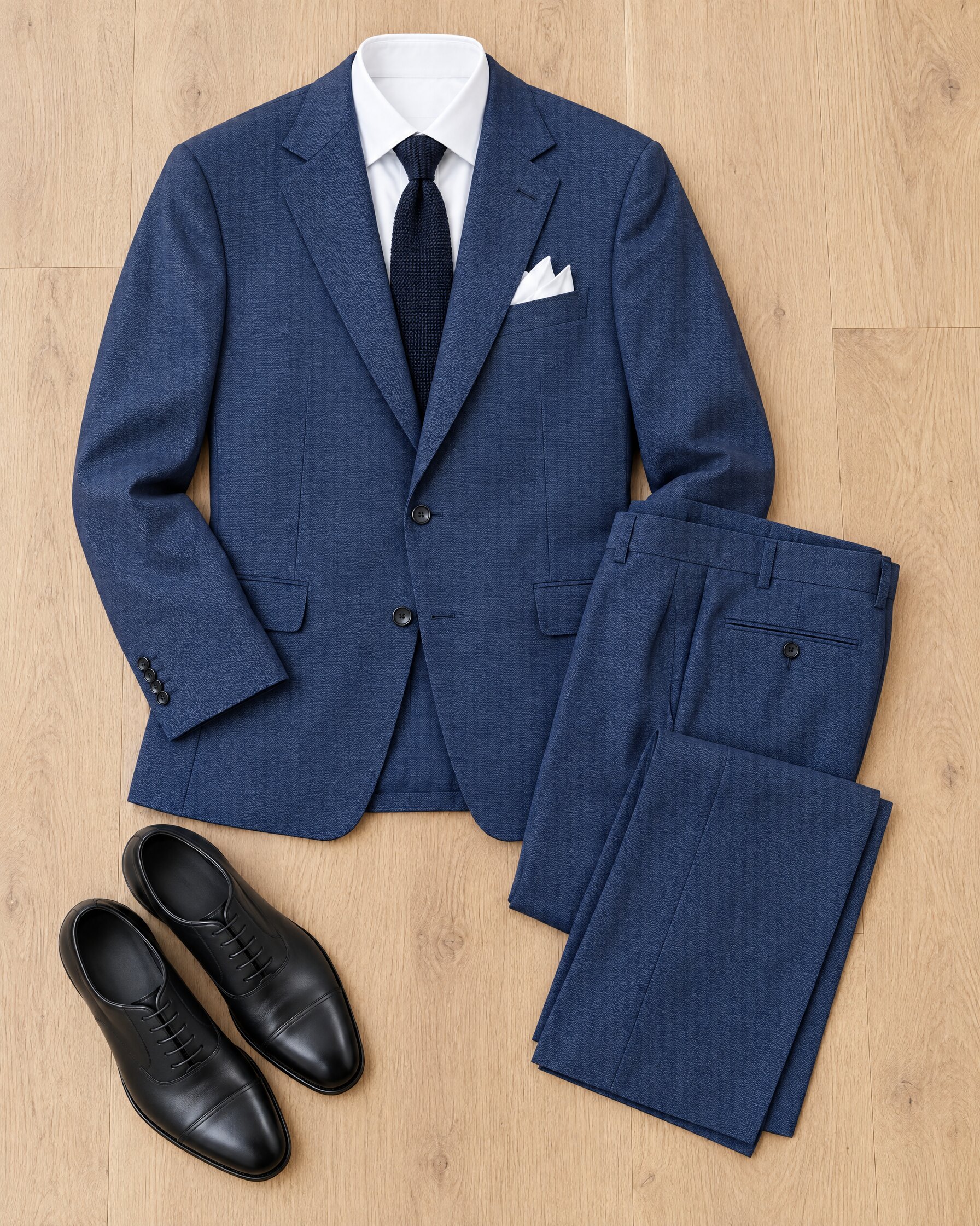 Blue bird's eye Brioni Augusto style suit laid flat with white shirt and black shoes