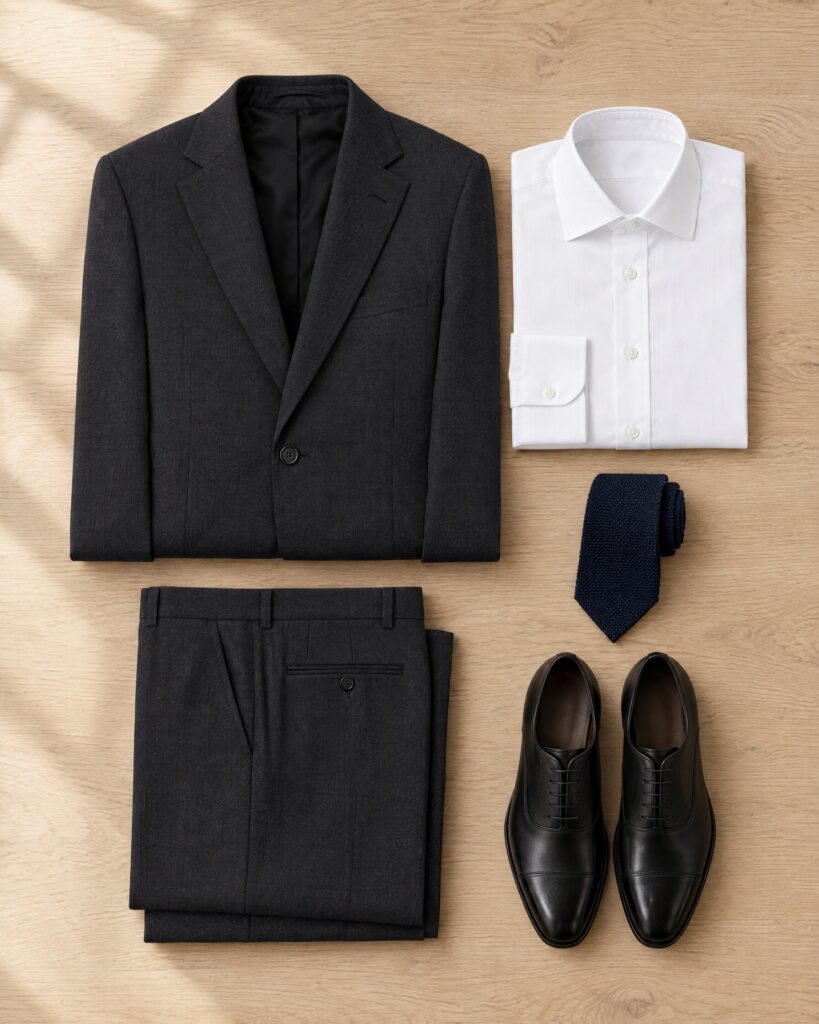 Dark grey Brioni suit folded with white shirt, navy tie and black oxford shoes