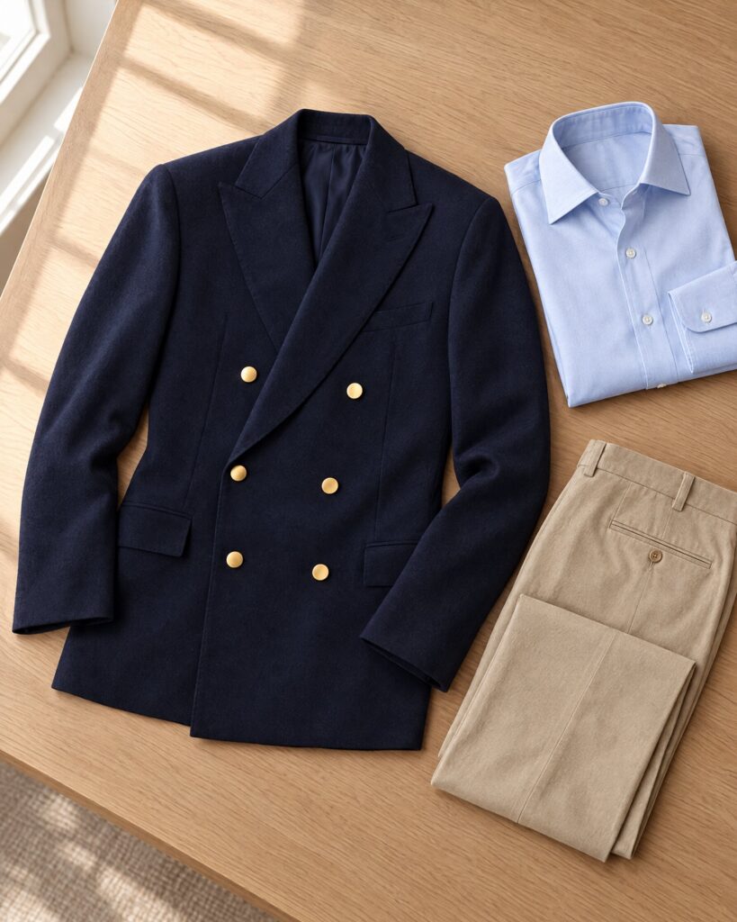 Navy double-breasted Brioni Plinio style blazer laid flat with shirt and sand trousers