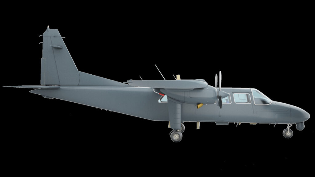 Close detail of the nose and turboprop engine of a small twin-engined Britten-Norman aircraft