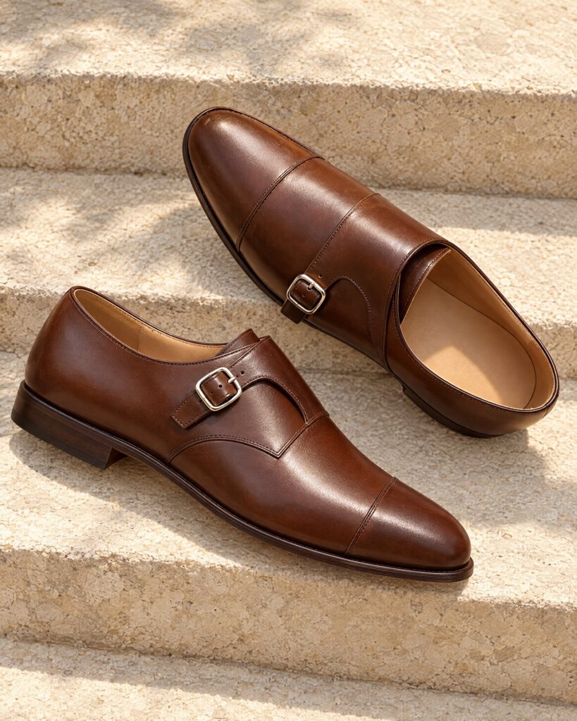 Brown monk strap shoes with a single buckle on a limestone step