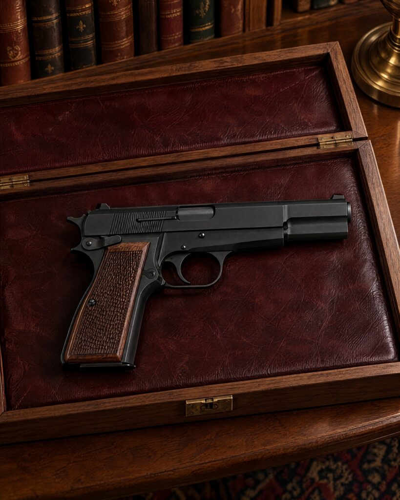 Browning Hi-Power pistol resting unloaded on leather in a walnut gun case