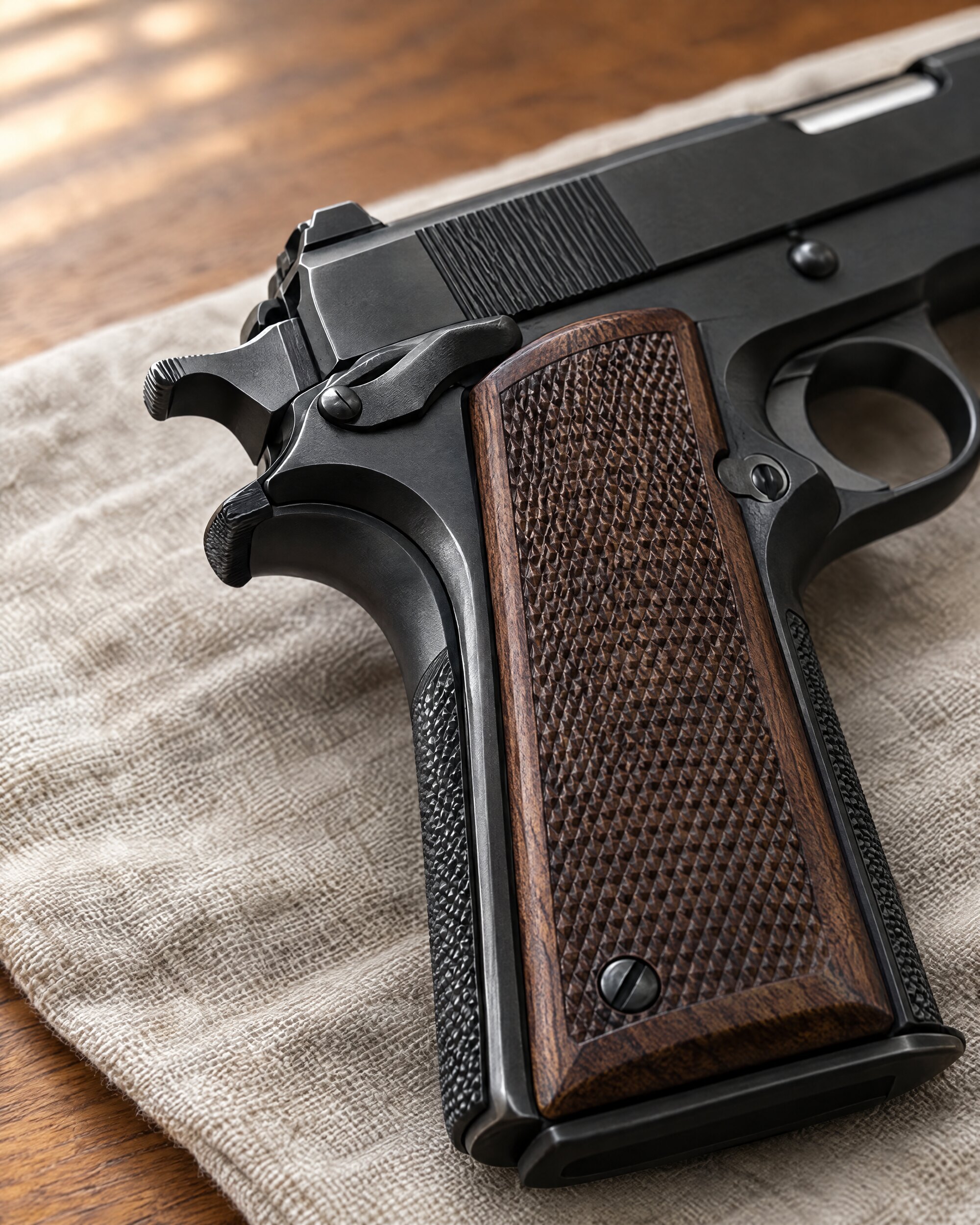 Detail of the checkered walnut grip on a Browning Hi-Power style pistol