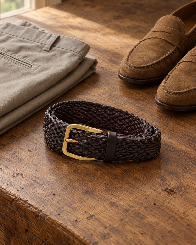 Brunello Cucinelli braided leather belt in brown with a polished gold buckle, laid out beside stone gabardine trousers