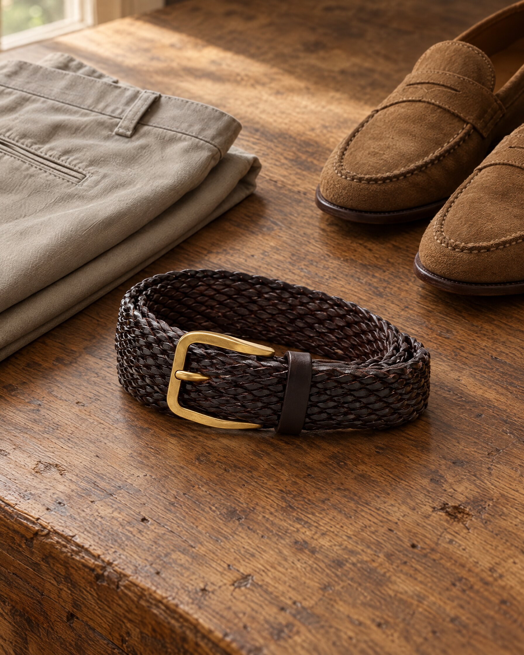 Brunello Cucinelli braided leather belt in brown with a polished gold buckle, laid out beside stone gabardine trousers