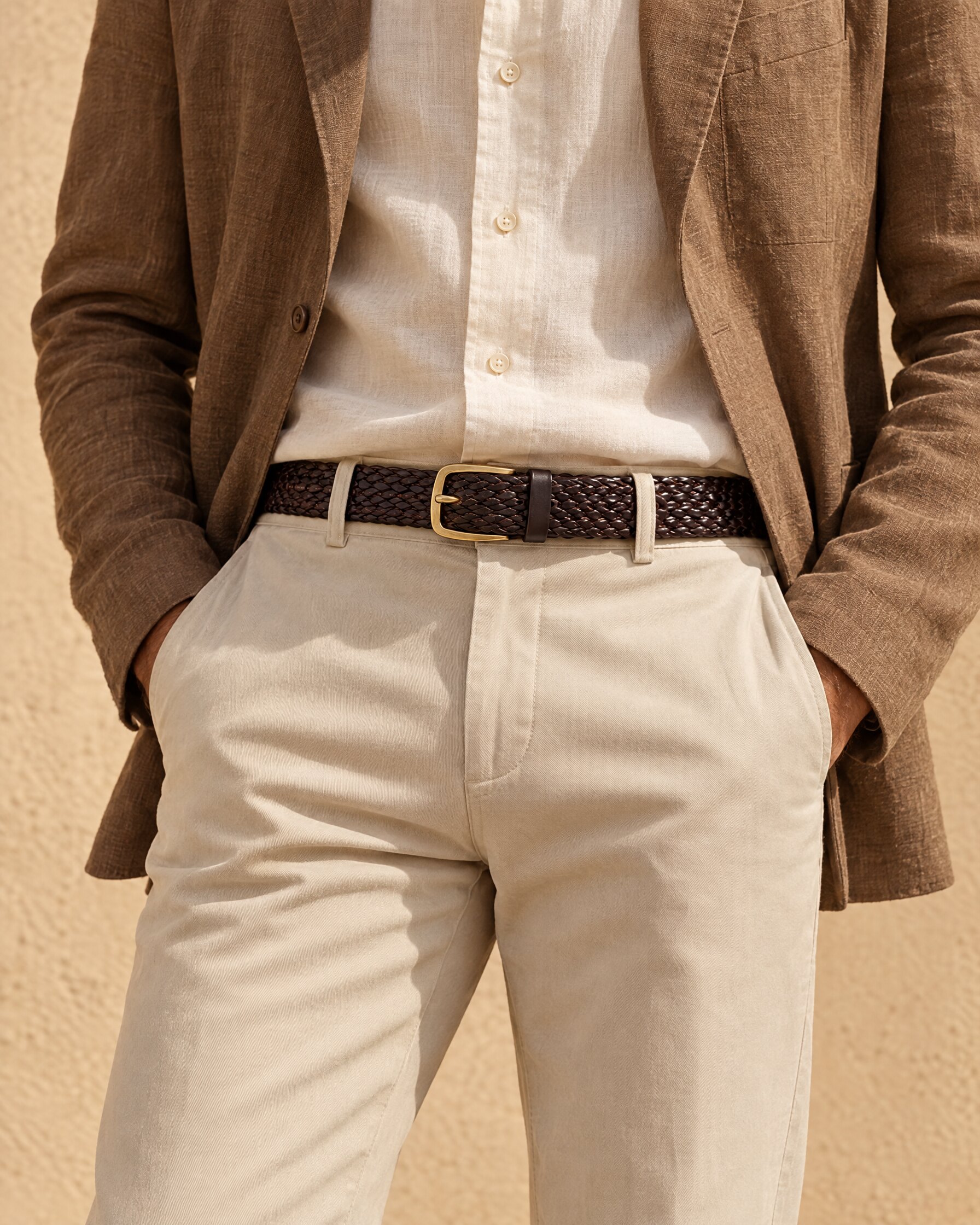 Man in a brown linen-blend jacket and stone trousers wearing a brown braided leather belt with a gold buckle
