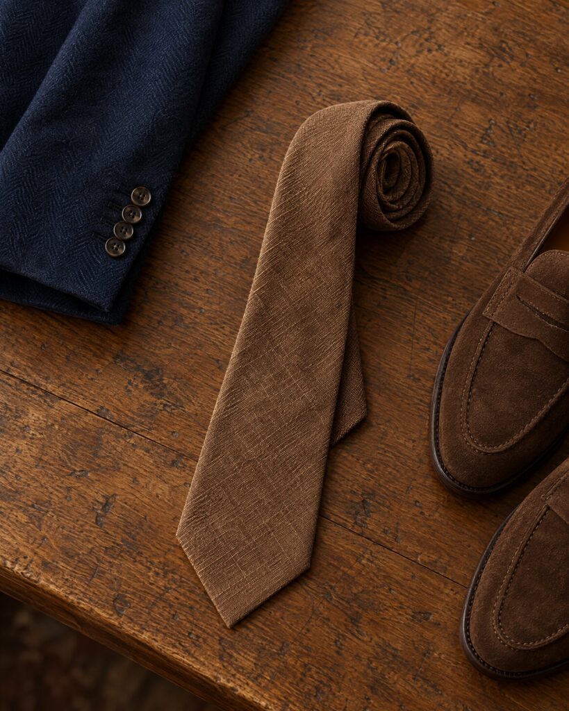 Brunello Cucinelli brown linen tie rolled on an oak table beside a navy jacket and suede shoes