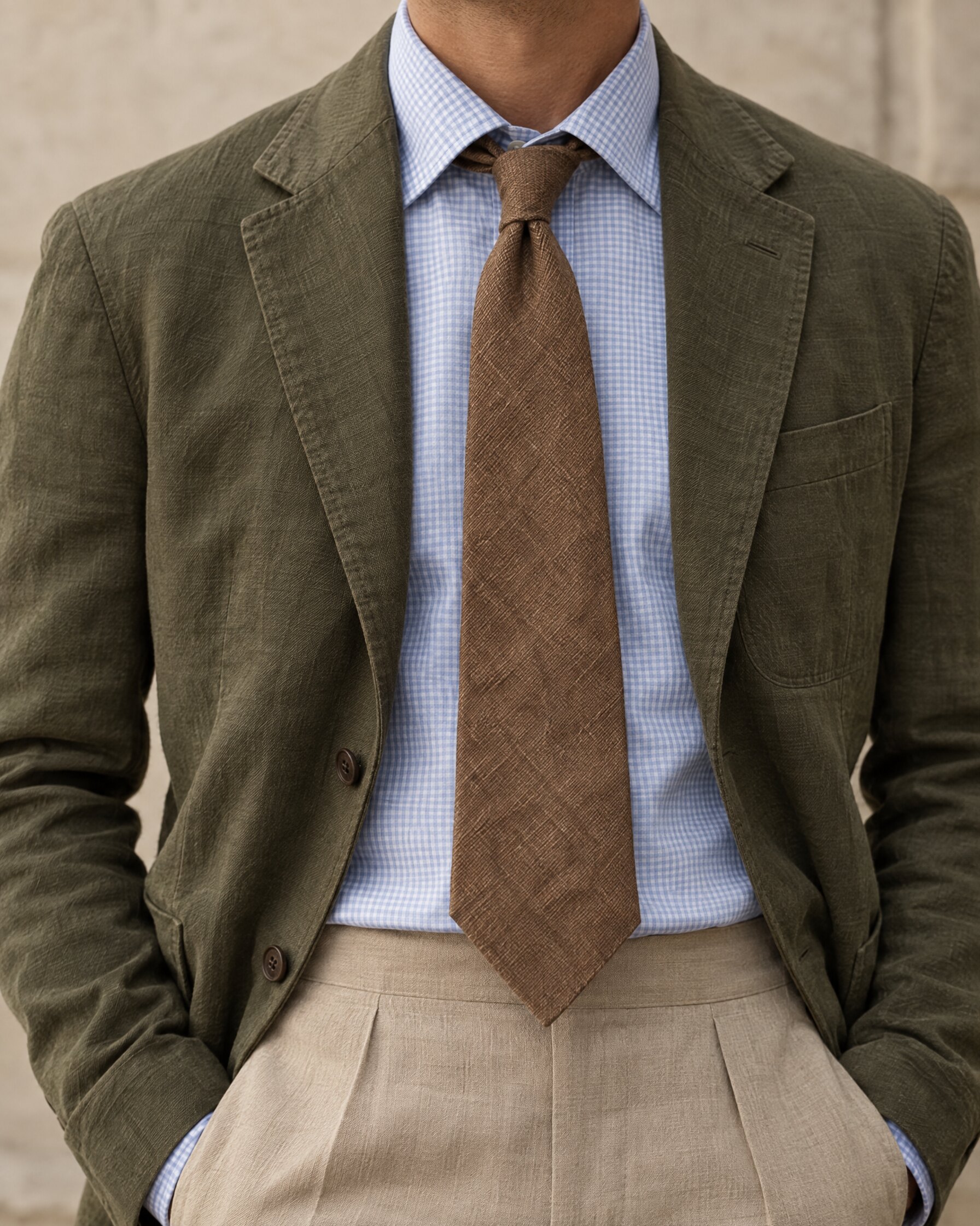 Man in a checked shirt and olive jacket wearing a tobacco brown linen tie, cropped at the neck