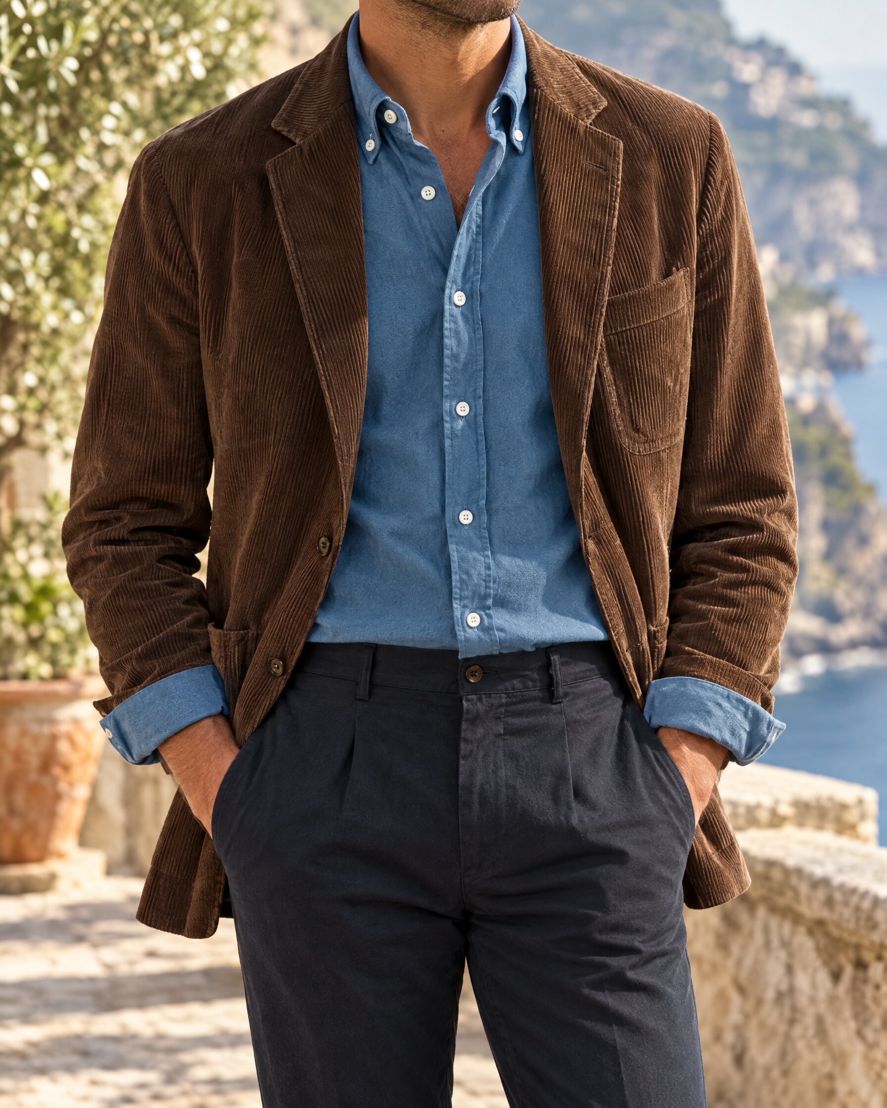 Man wearing a Brunello Cucinelli Oxford shirt in blue cotton under a corduroy jacket on a stone terrace
