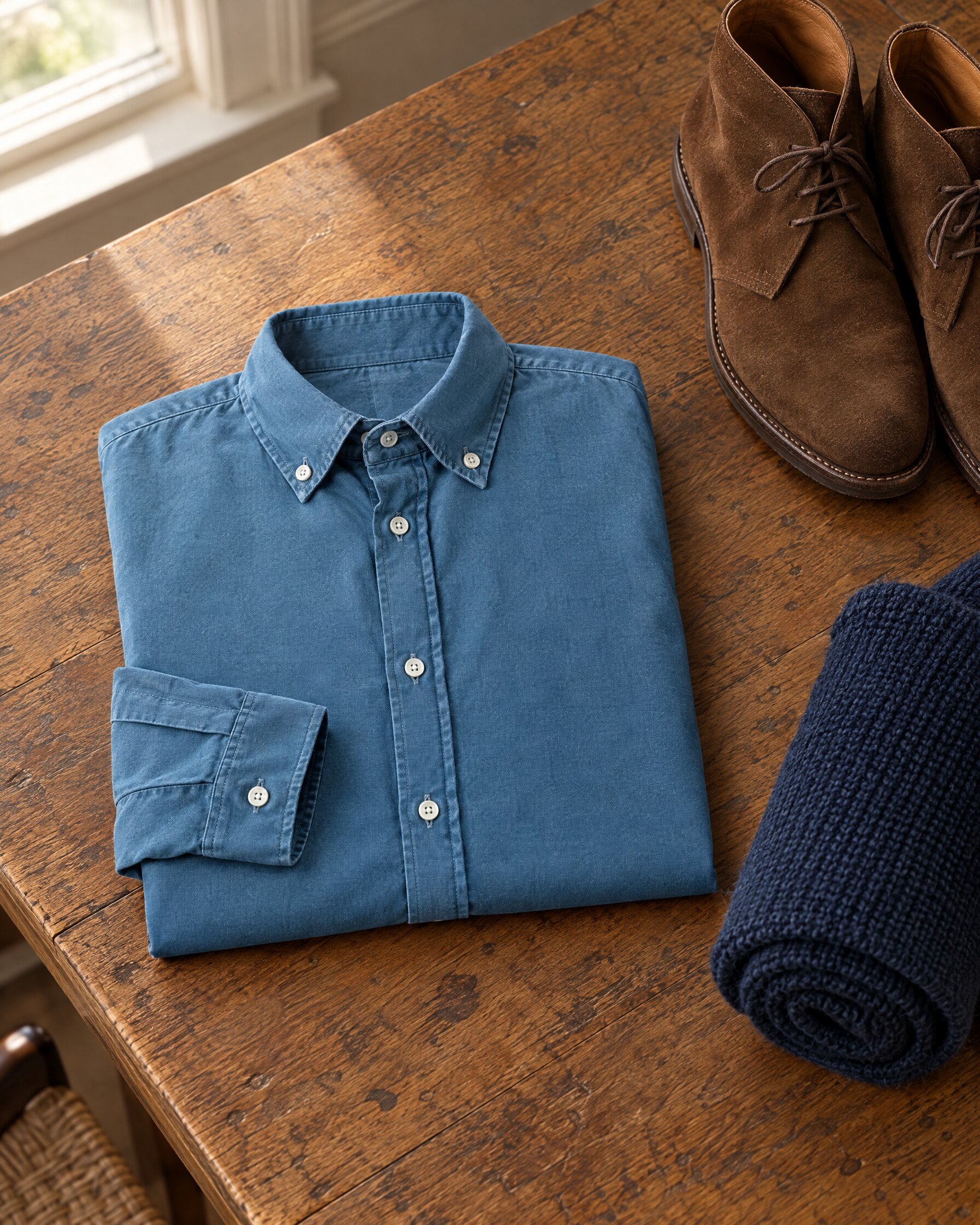 Blue cotton Oxford shirt with button-down collar folded beside brown suede boots and a navy knit