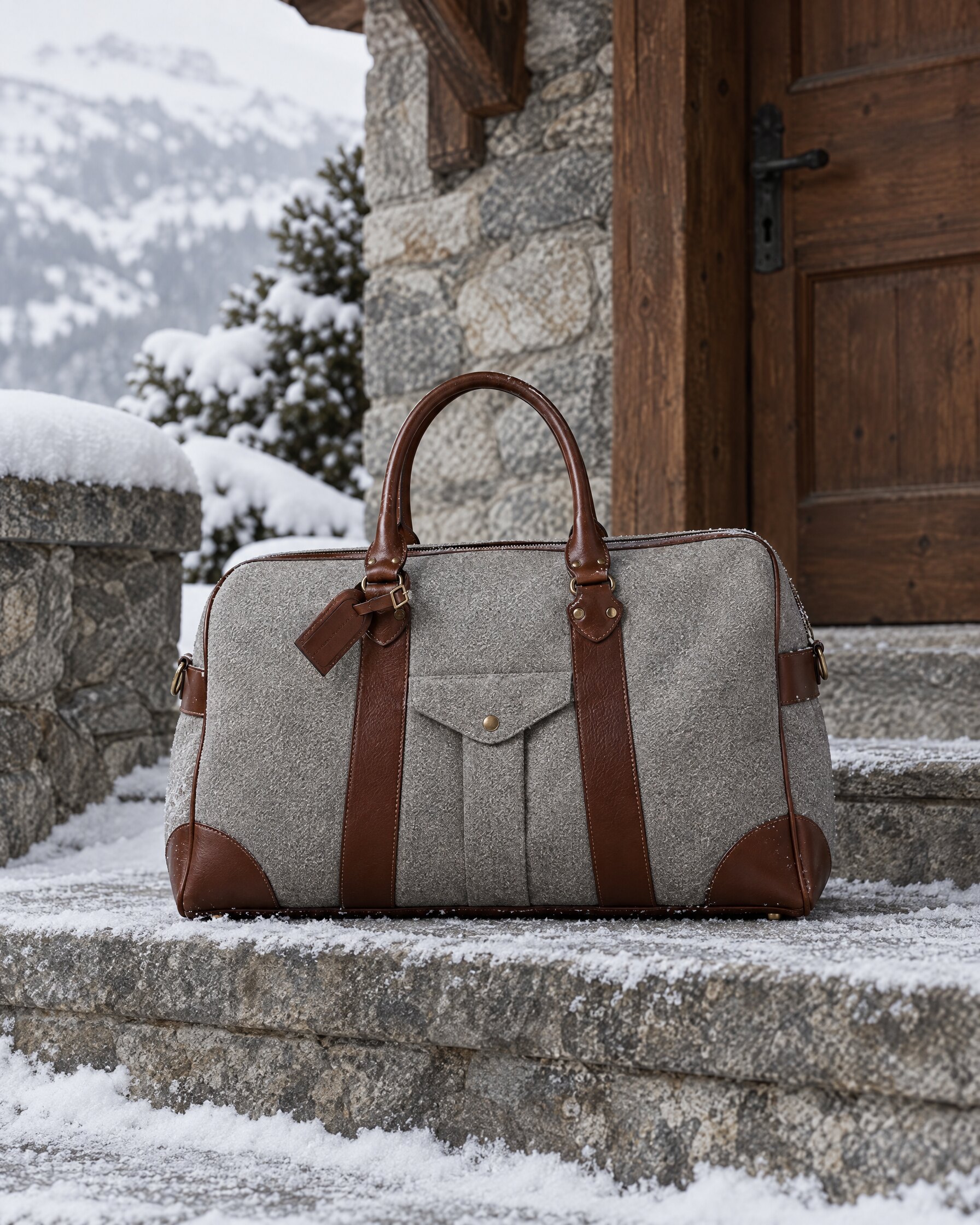 Leather Boston holdall resting on snowy stone steps at an alpine chalet