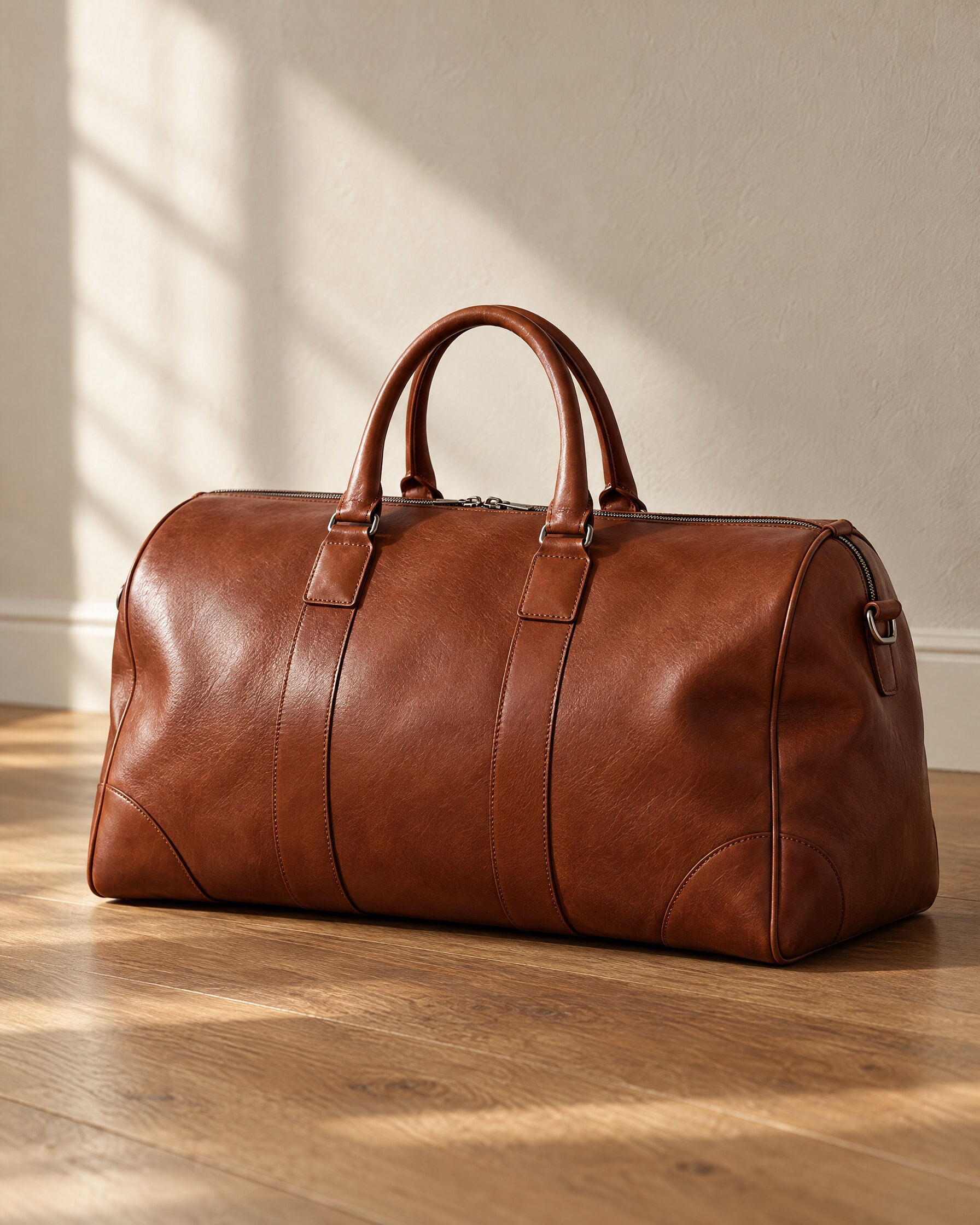 Brunello Cucinelli Spectre bag, a smooth leather Boston holdall, on an oak floor in natural light