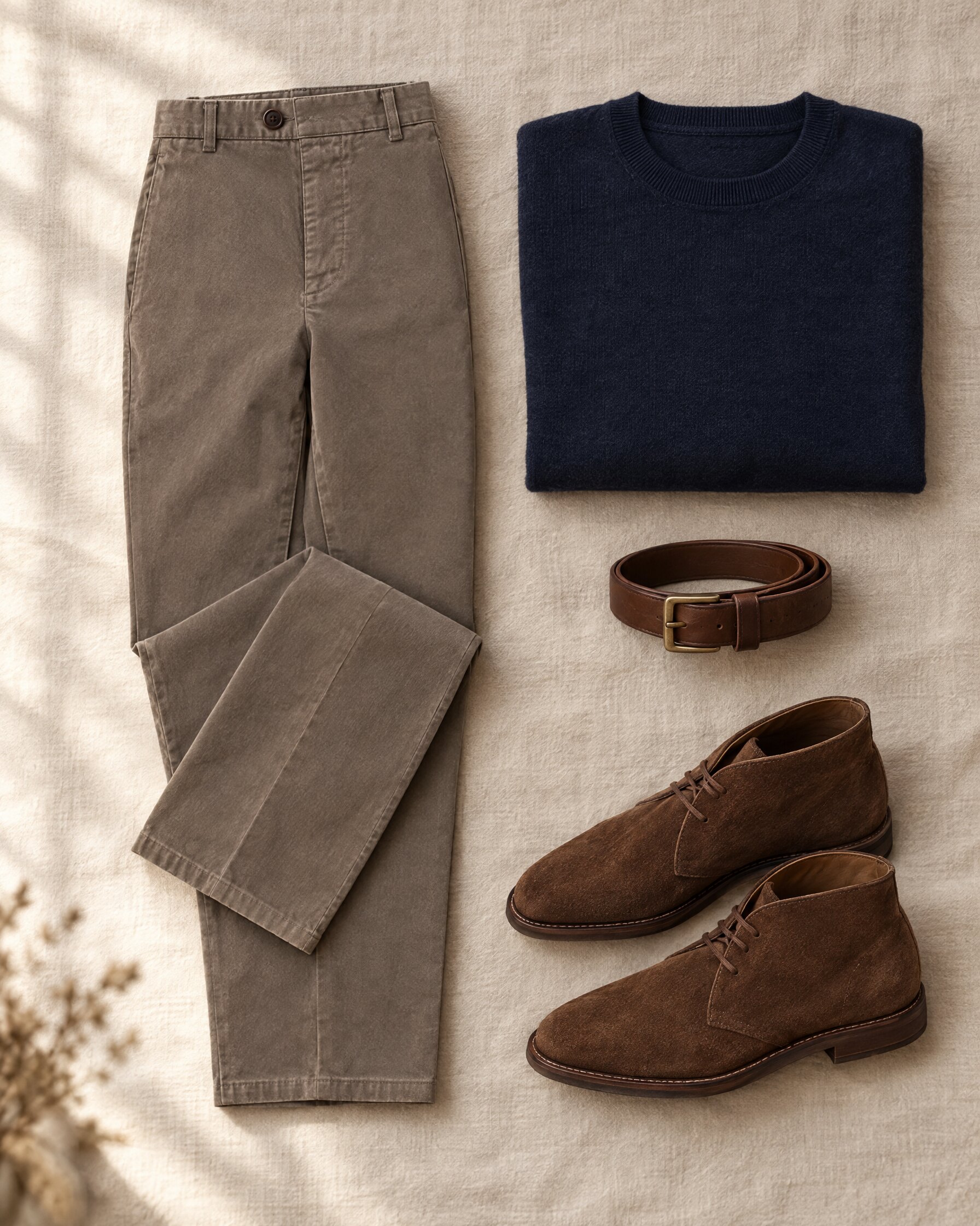 Dark khaki aged gabardine chinos folded on linen with a navy knit, brown belt and suede boots