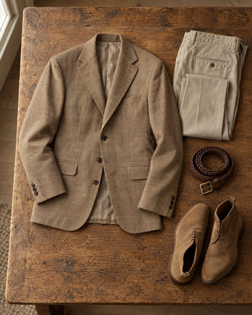 Brown unstructured Brunello Cucinelli Spectre jacket laid flat with stone trousers, braided belt and suede boots